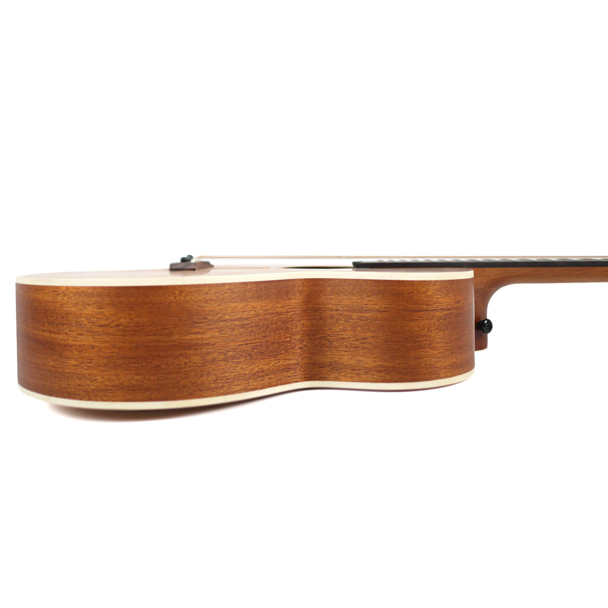 The side profile displays the mahogany laminate sides and contrasting white ABS binding of the Flight PIXI MAH.