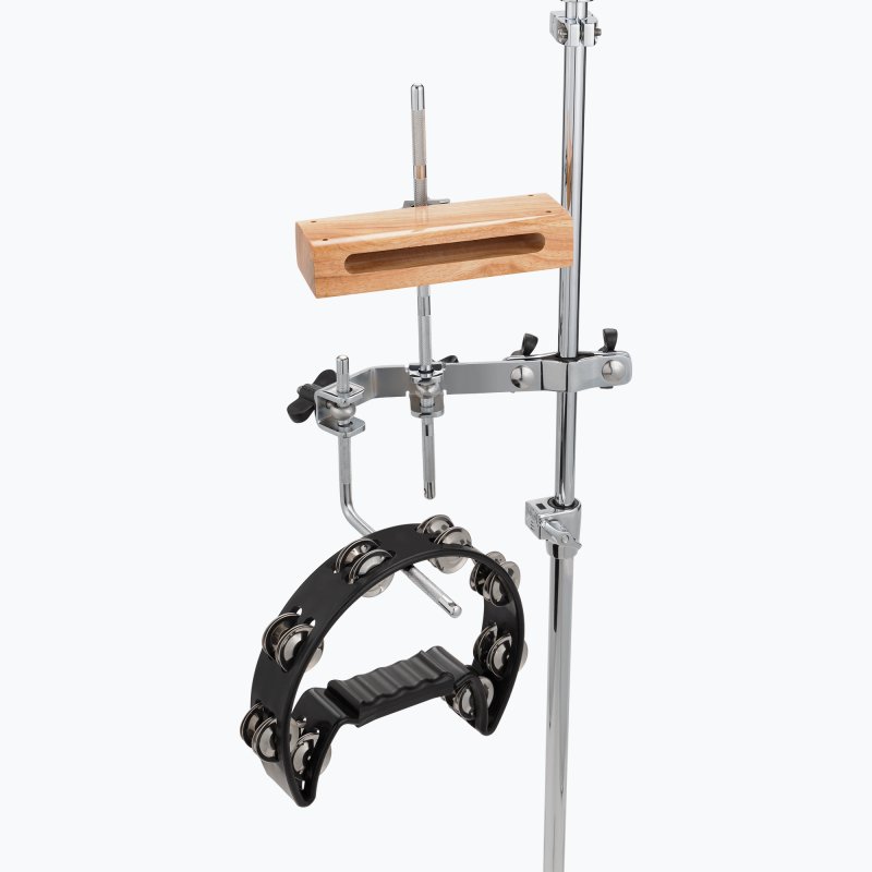On-Stage PRS1010 rods on a percussion mount holding a woodblock and tambourine
