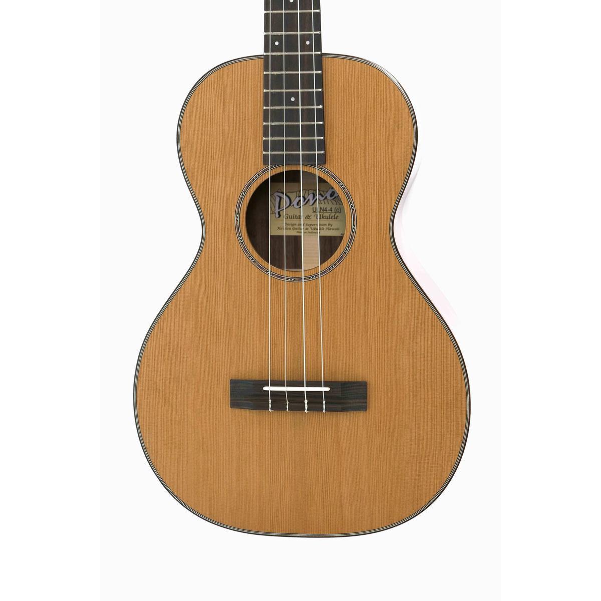 Pono ULN4-4 big baritone ukulele body front, solid cedar top with flame maple binding