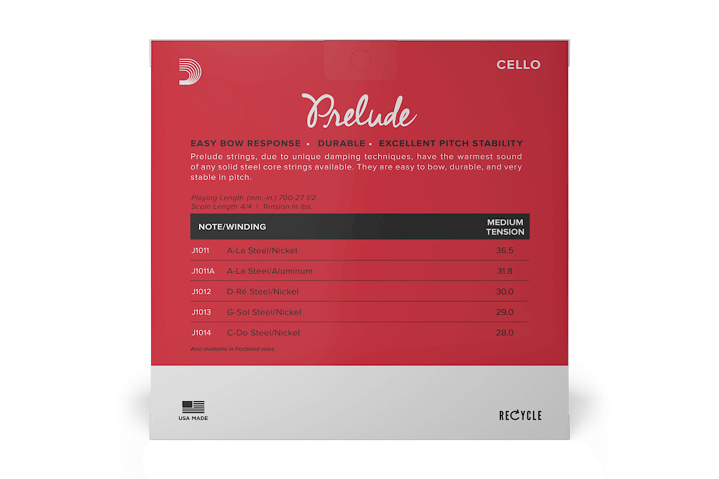 Prelude Cello String Set, 4/4 Scale, Medium Tension