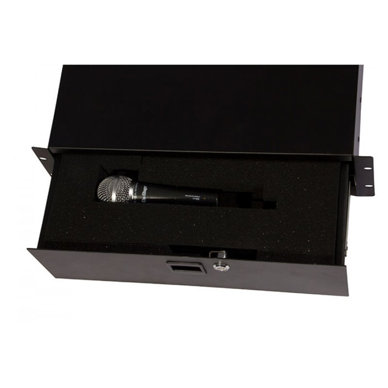 On-Stage RDF3000 foam inside an open rack drawer, holding a handheld microphone in a custom pocket