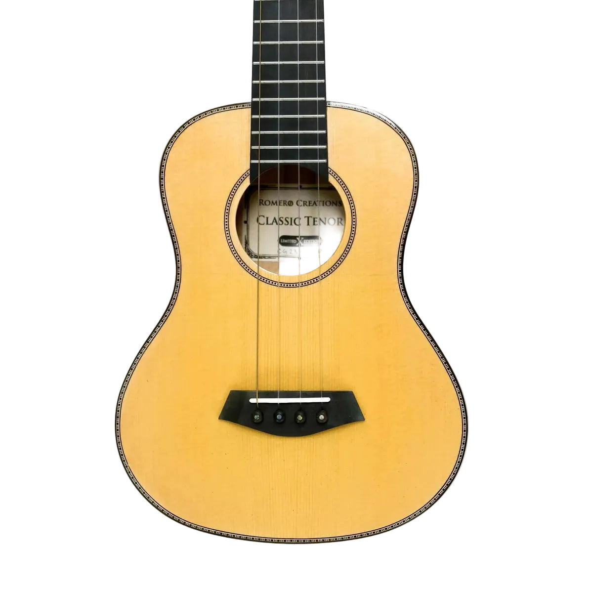 Romero Creations Limited Edition Classic Tenor ukulele, front view of the spruce top and rope binding
