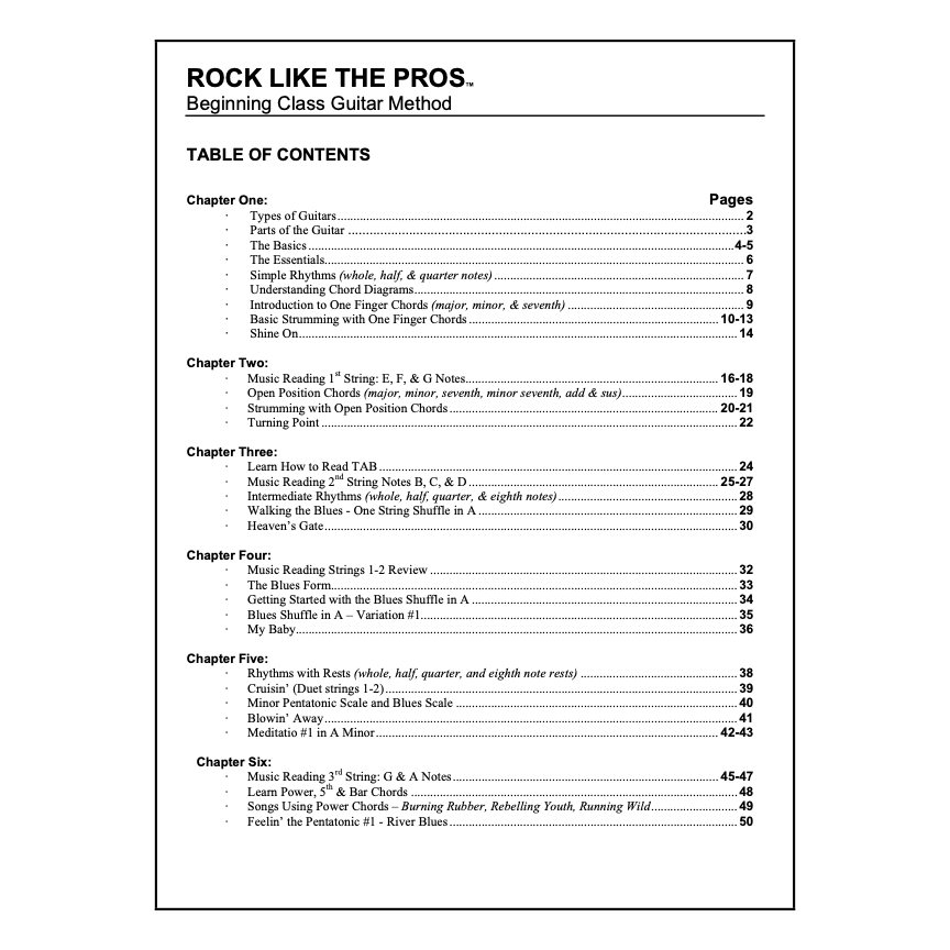 Rock Like The Pros Beginning Class Guitar Method, table of contents page 1, chapters one to six