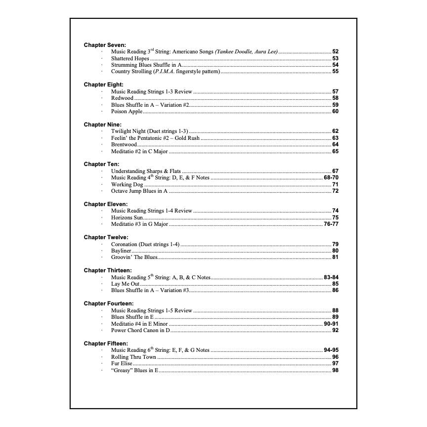 Rock Like The Pros Beginning Class Guitar Method, table of contents page 2, chapters seven to fifteen