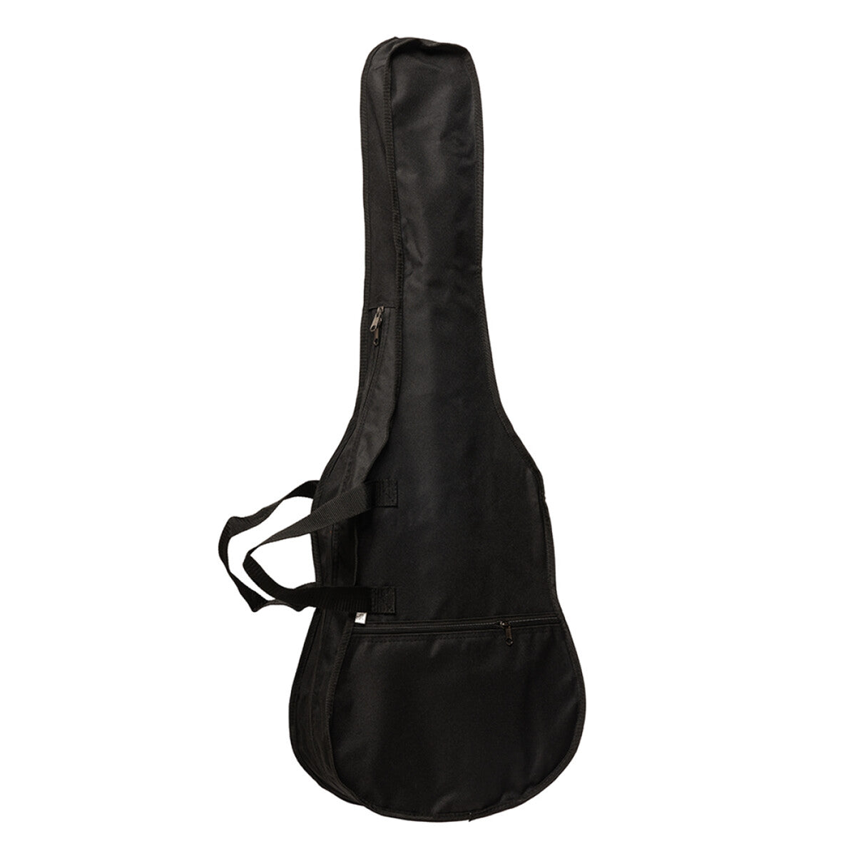 A black guitar or ukulele instrument case with a shoulder strap, shown against a plain white background.
