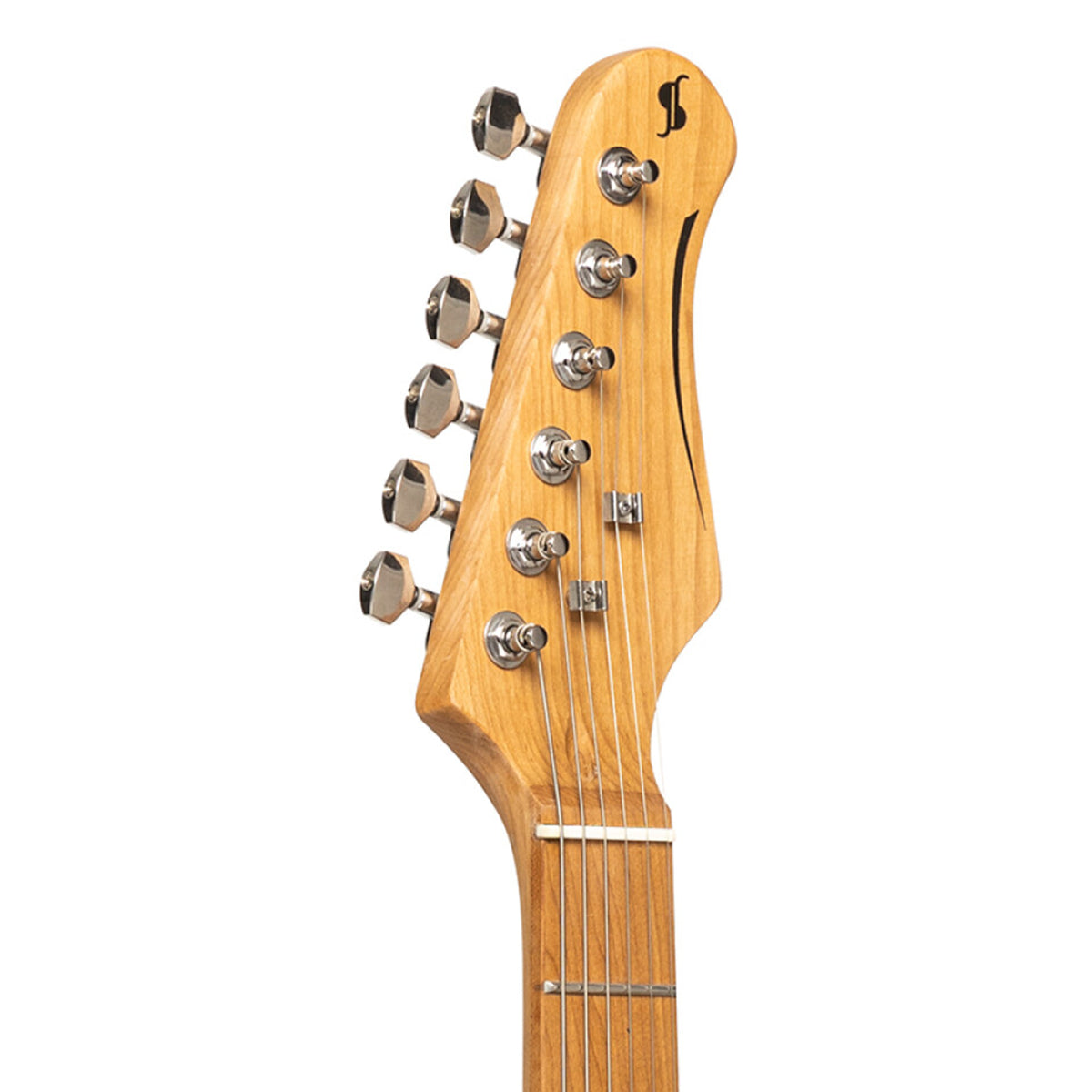 Close-up of an electric guitar headstock made of natural light wood, featuring six silver tuning pegs and a black stylized 'S' logo near the top, set against a plain white background.