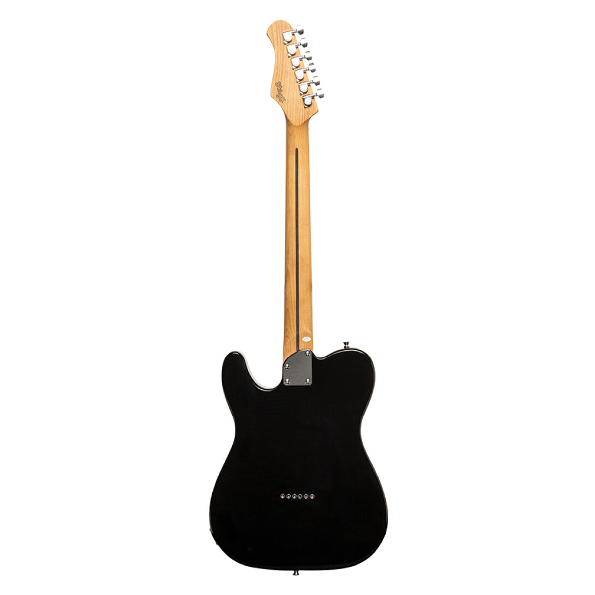 black electric guitar with a white background
