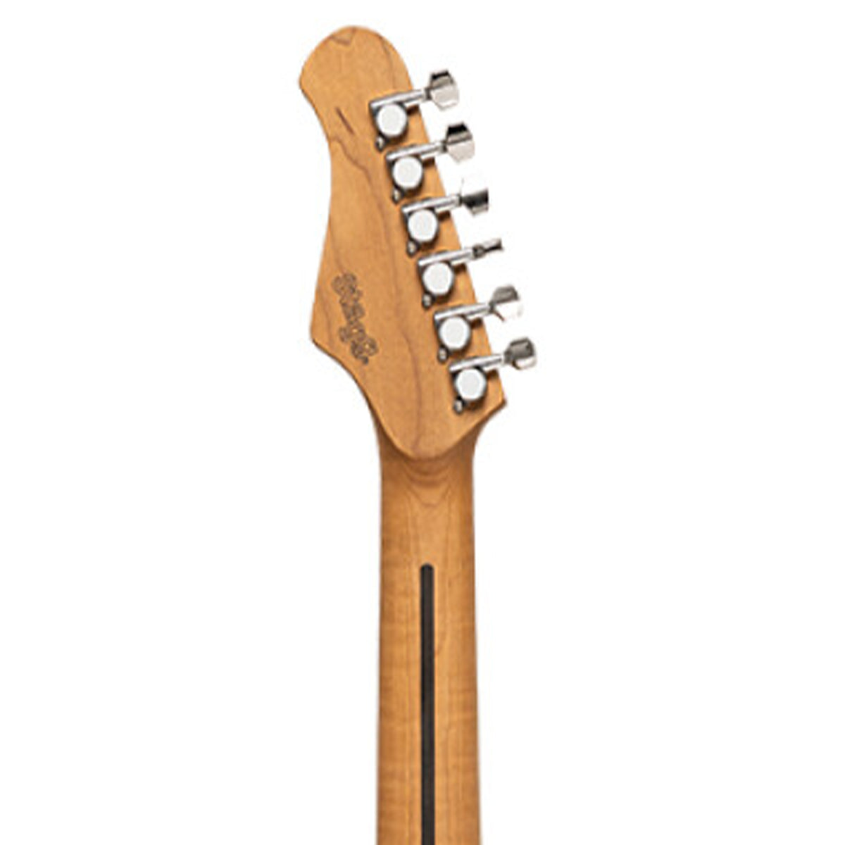 Close-up of the headstock of a Fender electric guitar, showing the maple wood headstock, six silver tuning pegs, and the Fender logo, on a solid white background.