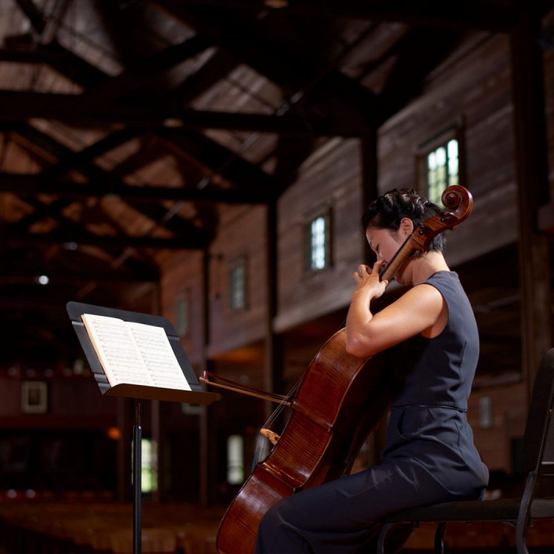 Cellist reading from an On-Stage SM7711B orchestra music stand