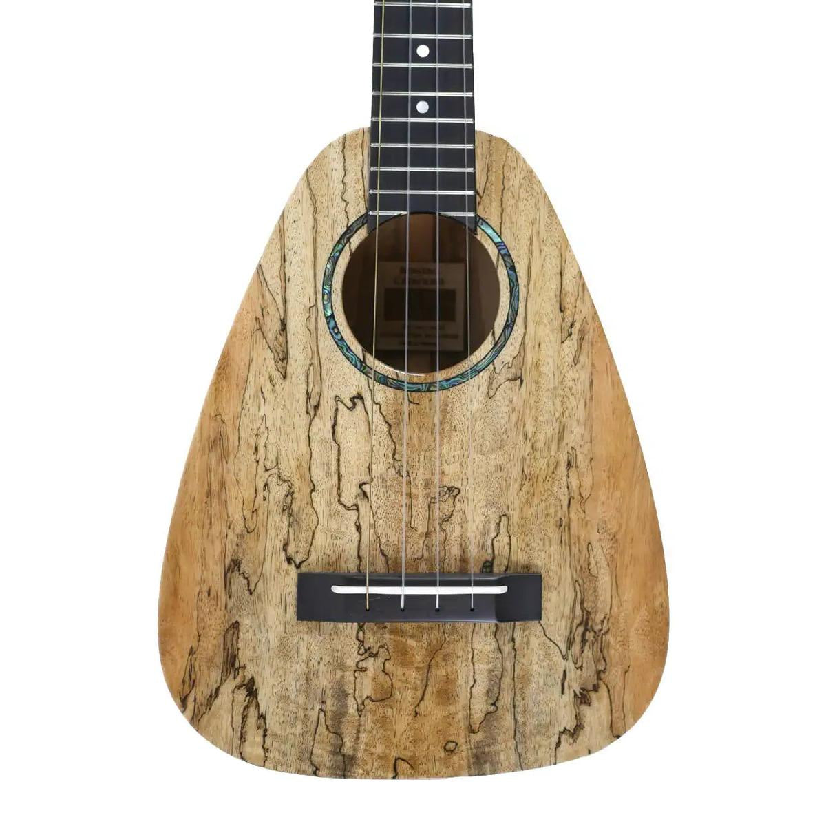 Romero Creations STC-MG concert ukulele body front, solid spalted mango top with abalone rosette