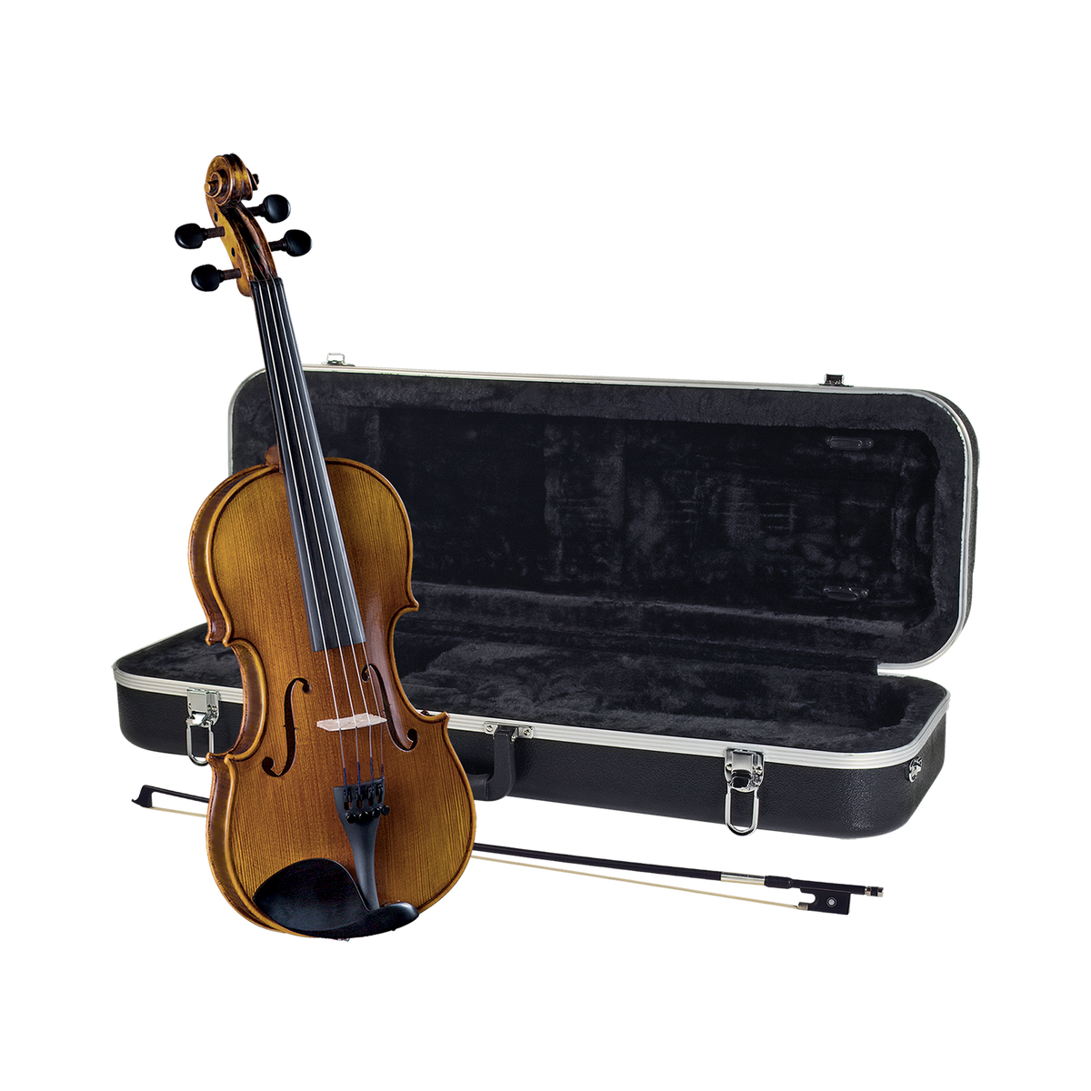 Cremona SV-488 1/4 violin in golden red-brown varnish, standing in front of its open black oblong case with the bow.