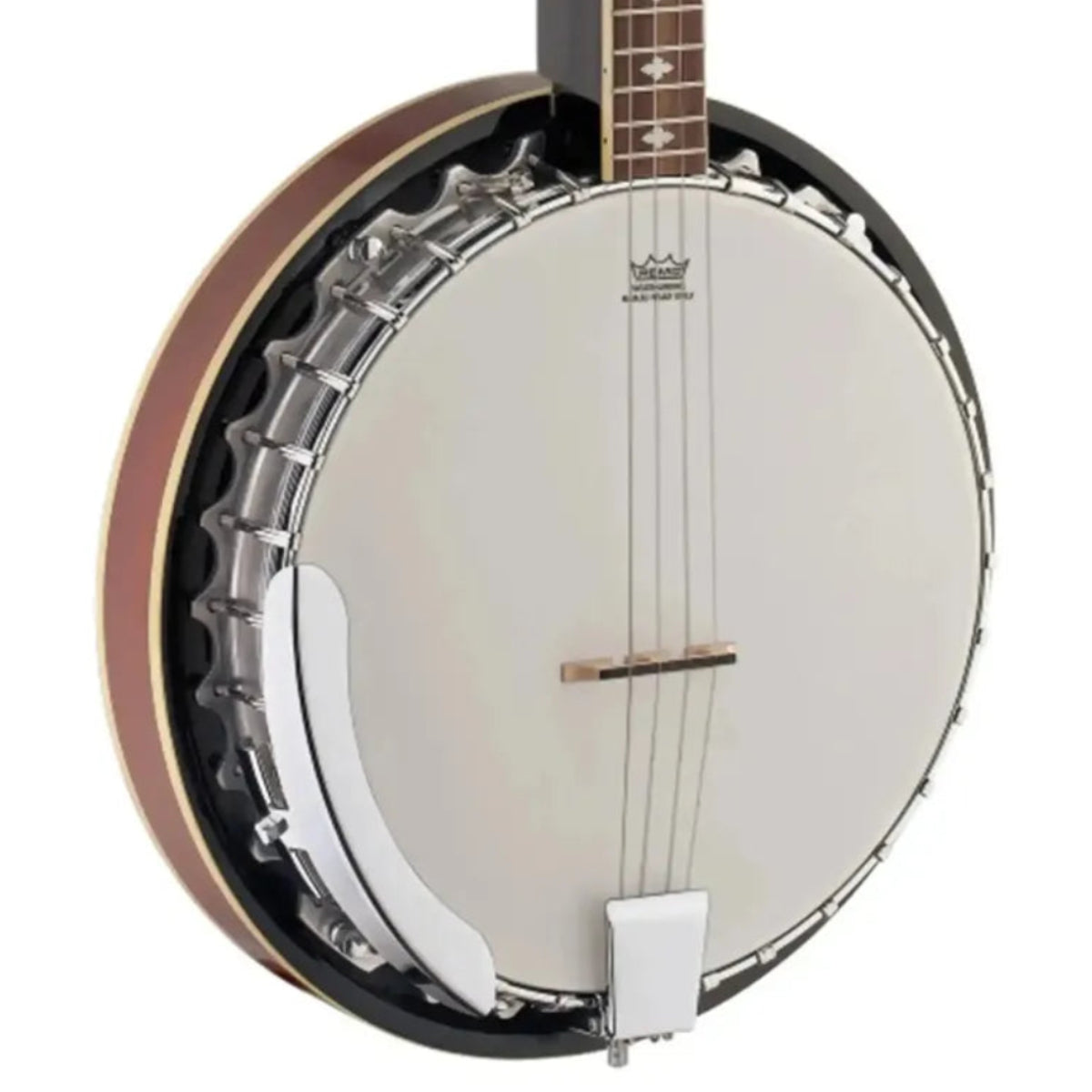 Stagg BJM30 4DL 4-string bluegrass banjo, angled close-up of resonator-style pot and bridge