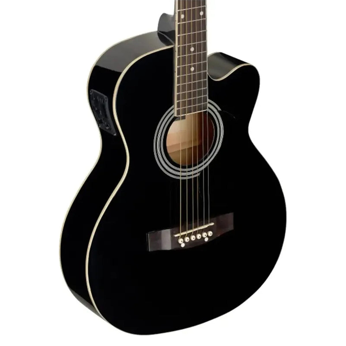 Stagg SA20ACE black auditorium acoustic-electric guitar, angled front view