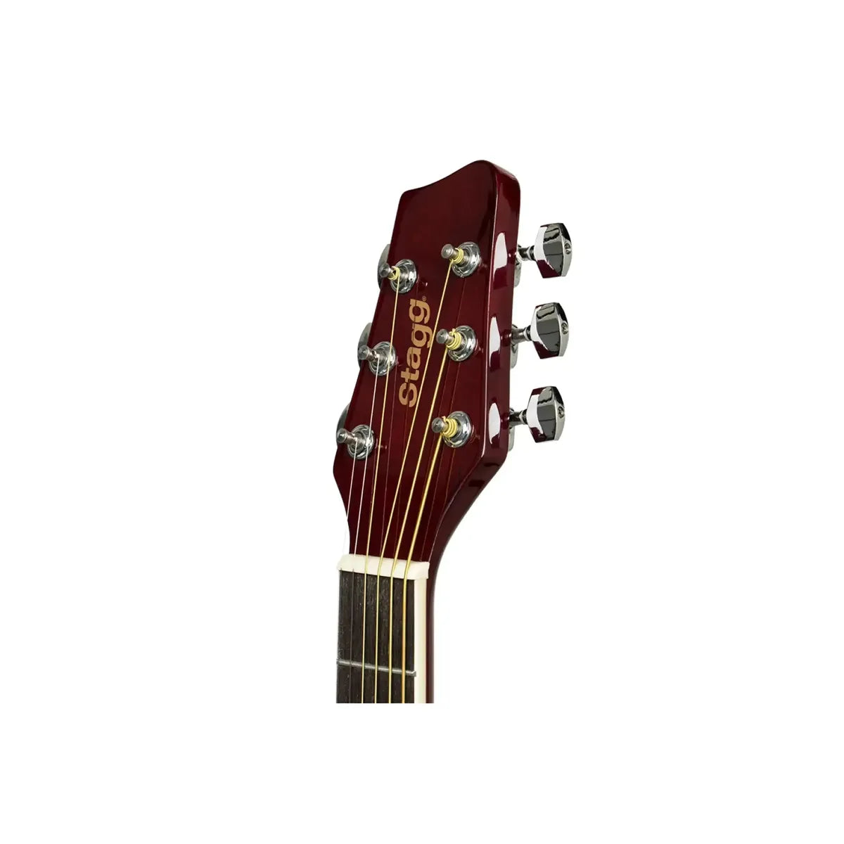 Stagg SA20D left-handed dreadnought acoustic guitar headstock with chrome tuners
