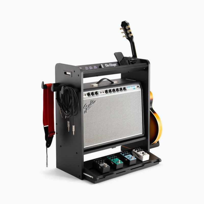 On-Stage GWS5000B holding a combo amp, a guitar, a cable, a strap and pedals
