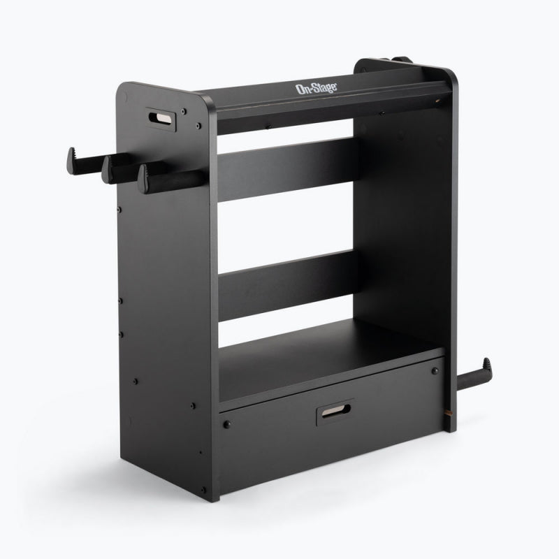 On-Stage GWS5000B black guitar workstation with amp shelf, side hangers and pedalboard drawer