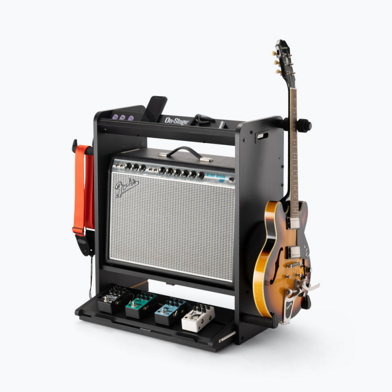 On-Stage GWS5000B with amp, guitar and pedalboard, front three-quarter view