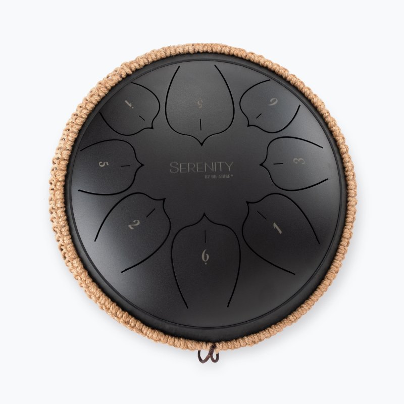 On-Stage SD5010 Serenity steel tongue drum, top view showing eight numbered keys and woven cord wrap