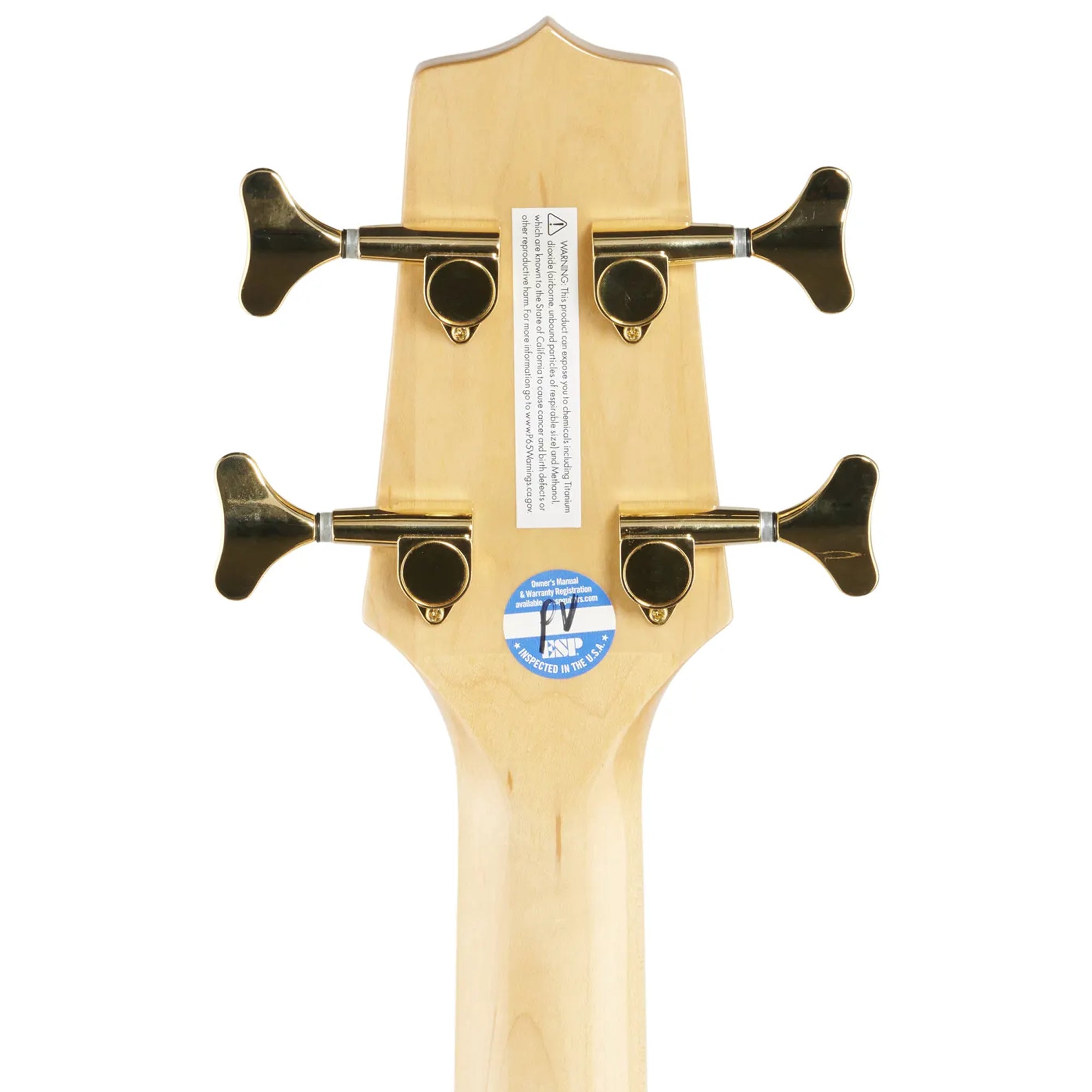 Close-up of the headstock of a bass guitar, showing the natural light wood neck, four black tuning pegs, and a blue and white Saphire brand sticker on the back of the headstock.