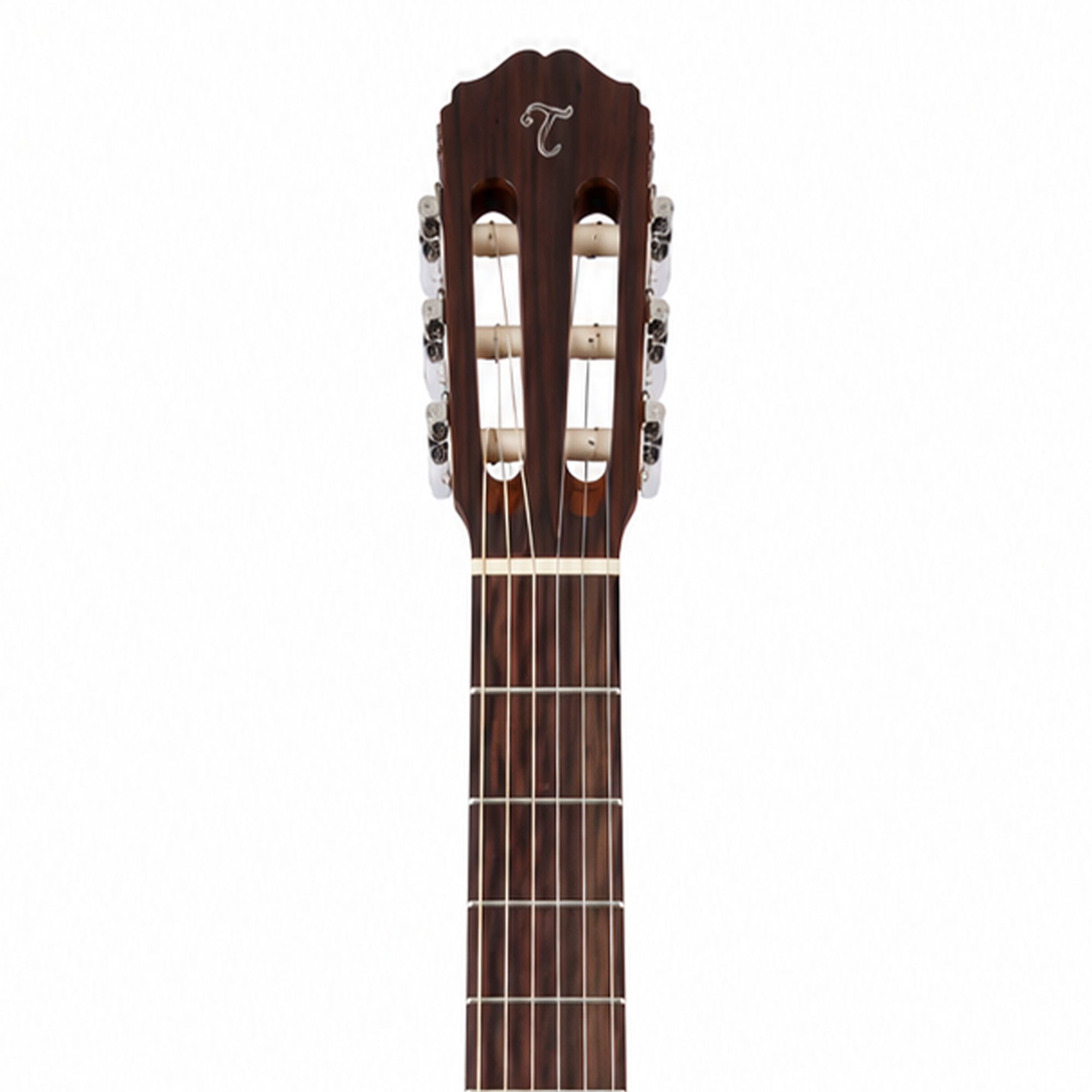 Close-up of the headstock and upper neck of a classical guitar, showing six tuning pegs, six strings, fretboard lines, and a dark wood finish against a white background.