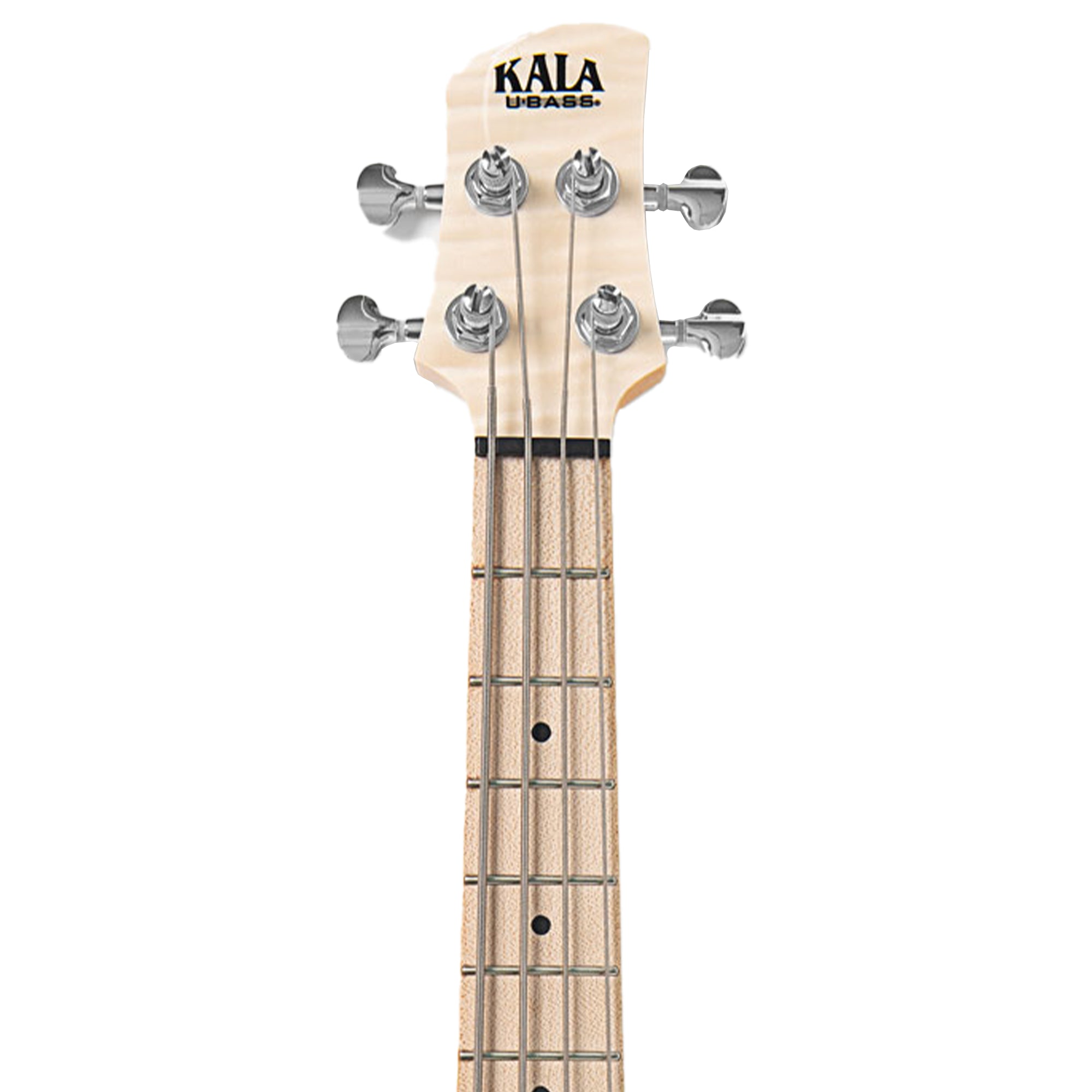 Close-up of a Kala ubass bass guitar headstock and neck, showing the natural wood finish and silver tuning pegs against a white background.
