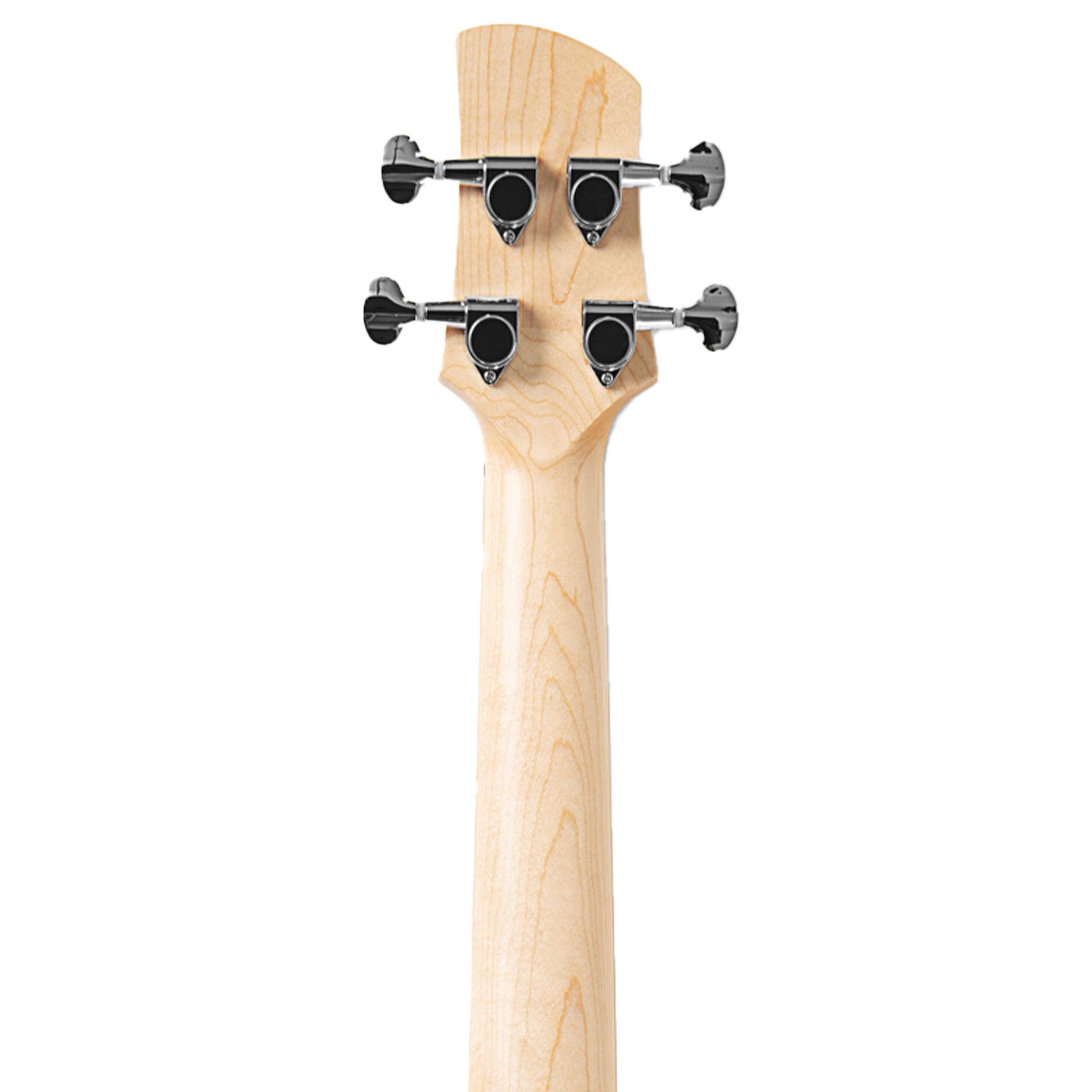 Close-up of the headstock and neck of a stringed instrument, showing a light natural wood finish with four black tuning pegs on a white background.
