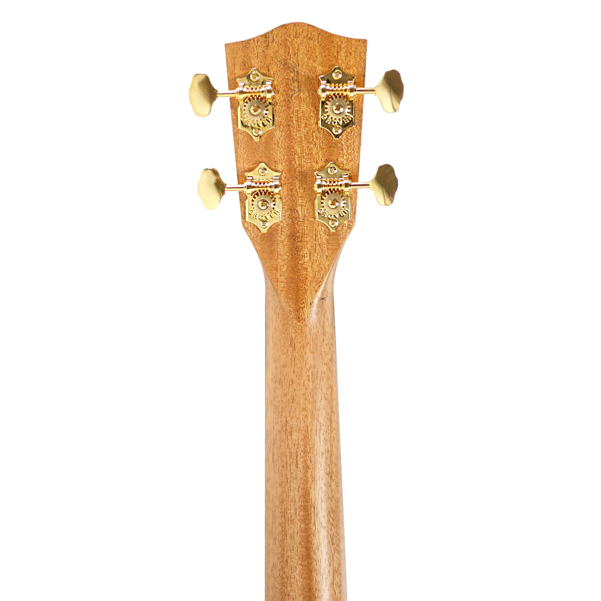 Pono UL4-3 big baritone ukulele headstock back with gold Grover tuners and mahogany neck