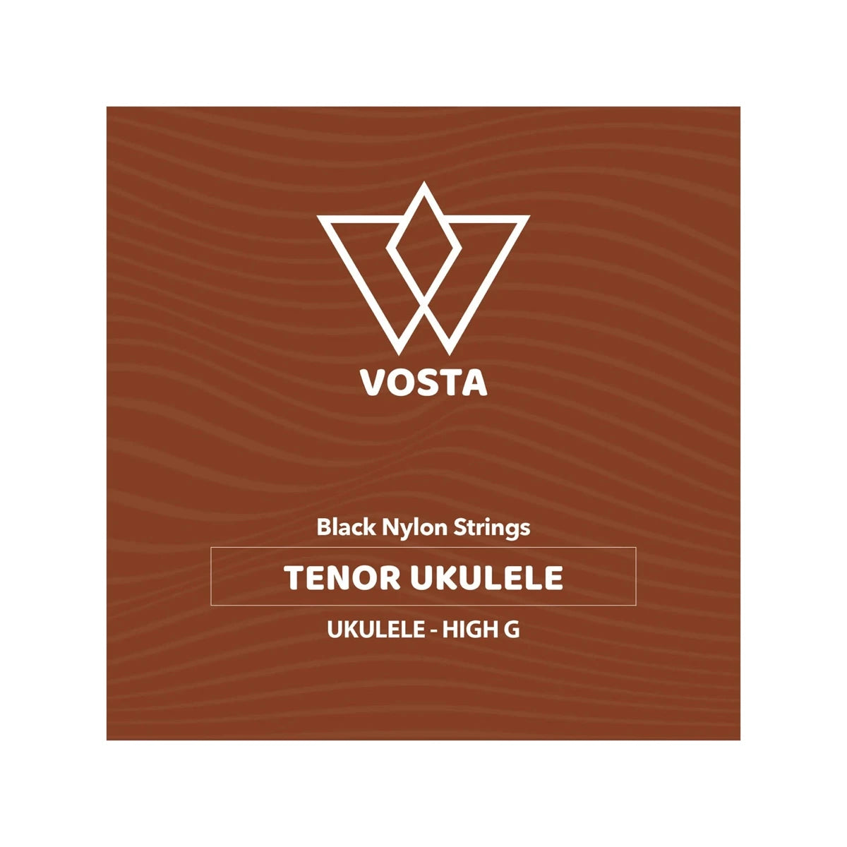 Vosta black nylon tenor ukulele string packet, high G, front of the rust coloured sleeve