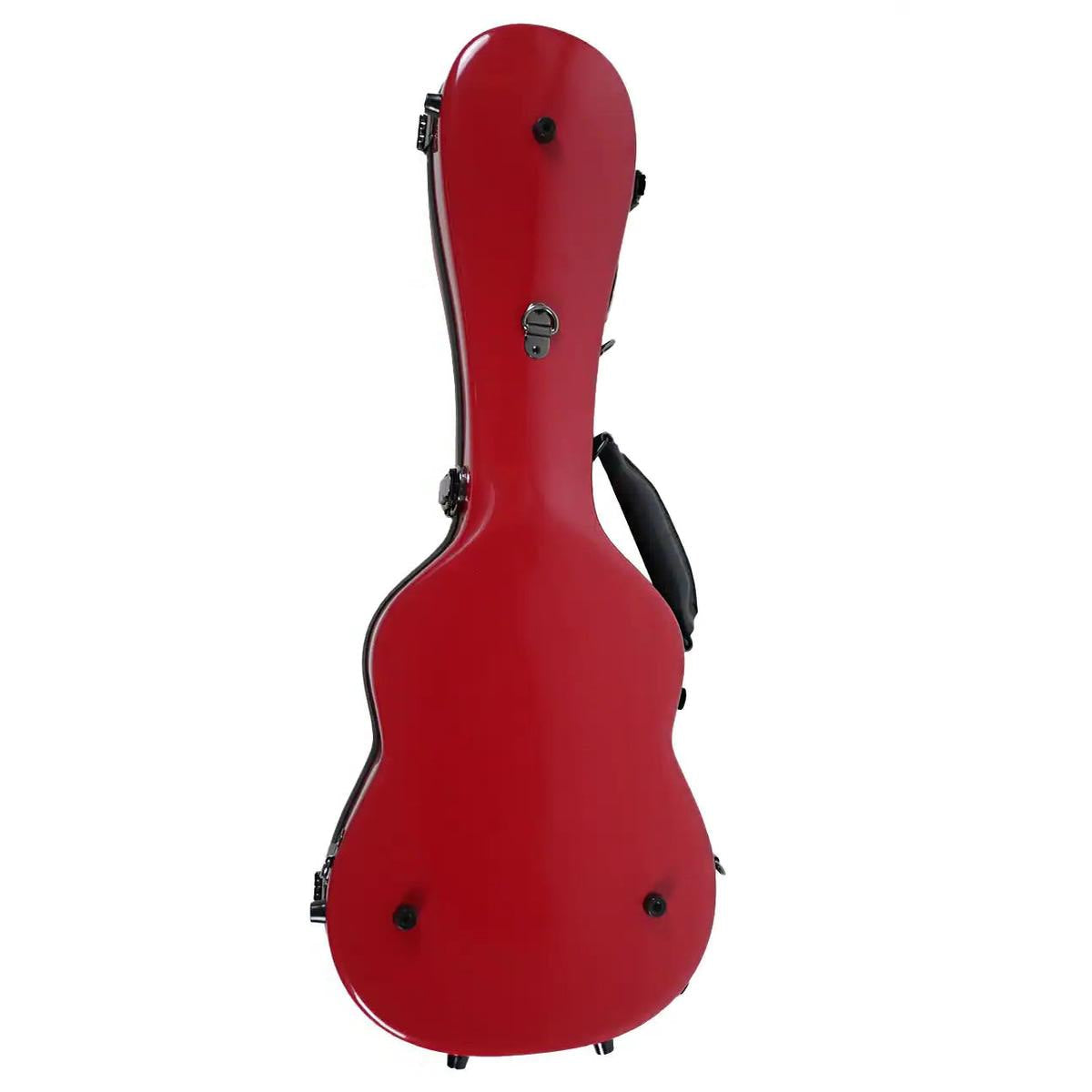 The closed red fiberglass Vosta case seen from above, showing the body shape