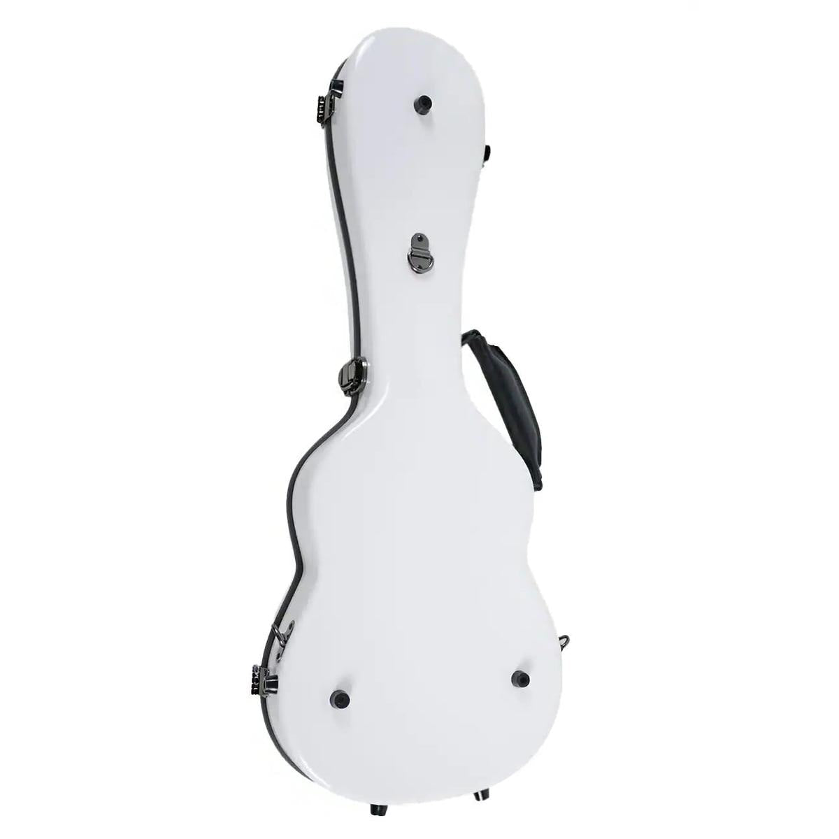 The closed white fiberglass Vosta case seen from above, showing the body shape