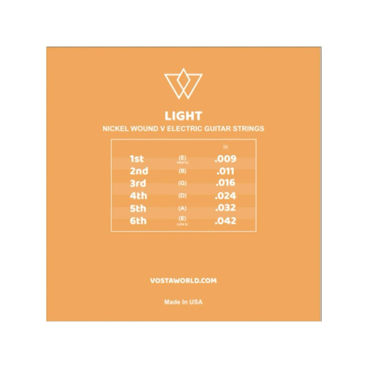 Back of the Vosta nickel wound electric guitar light gauge packet, showing the gauge chart