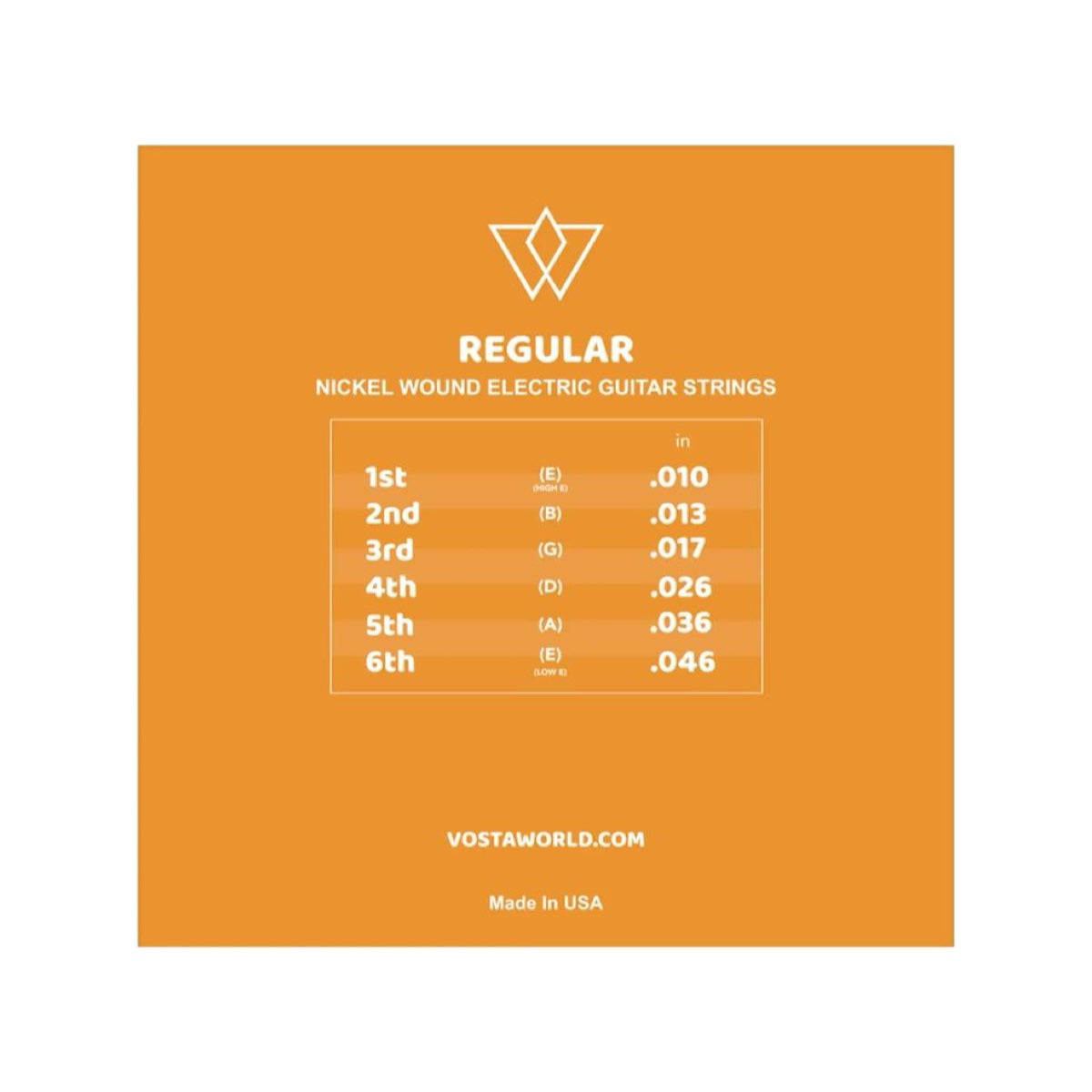 Back of the Vosta nickel wound electric guitar regular gauge packet, showing the gauge chart