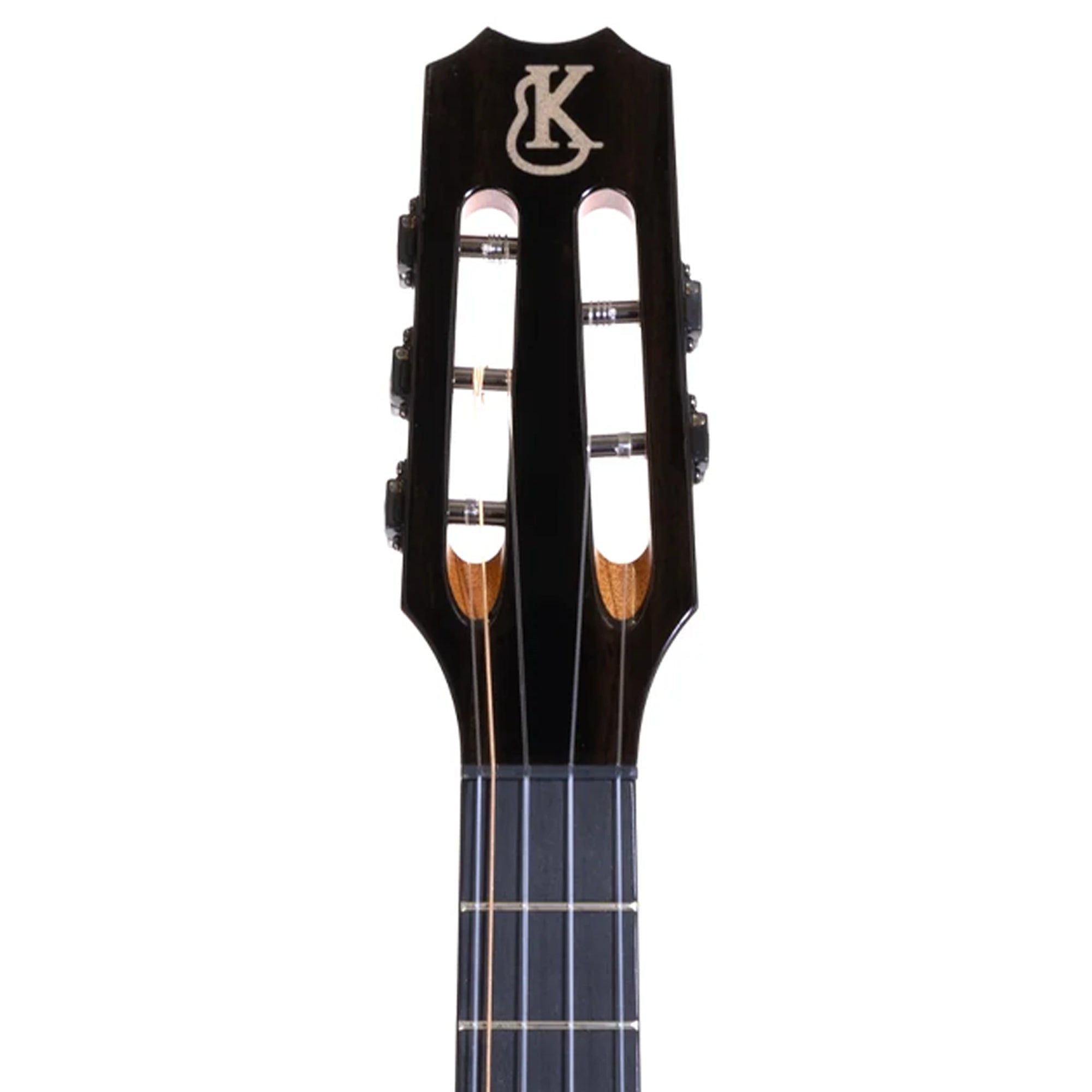 Close-up of the headstock of a uke, showing six tuning pegs, four strings, and a black finish with a stylized 'K' logo on a white background.