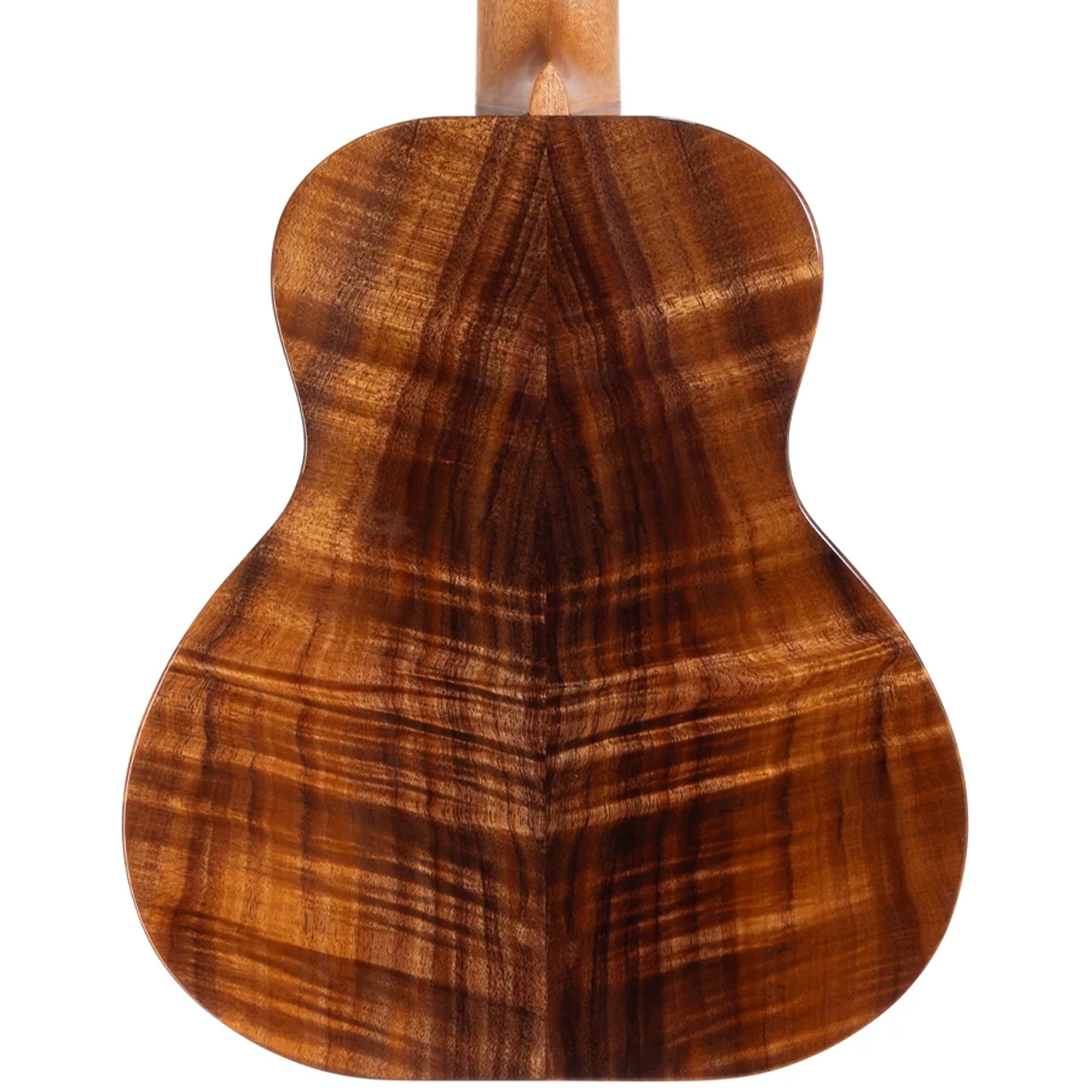 Close-up of the back of a Kanile'a Willie`K 5-String Super Tenor Ukulele, showing a richly figured holly-toned wood grain on a white background.