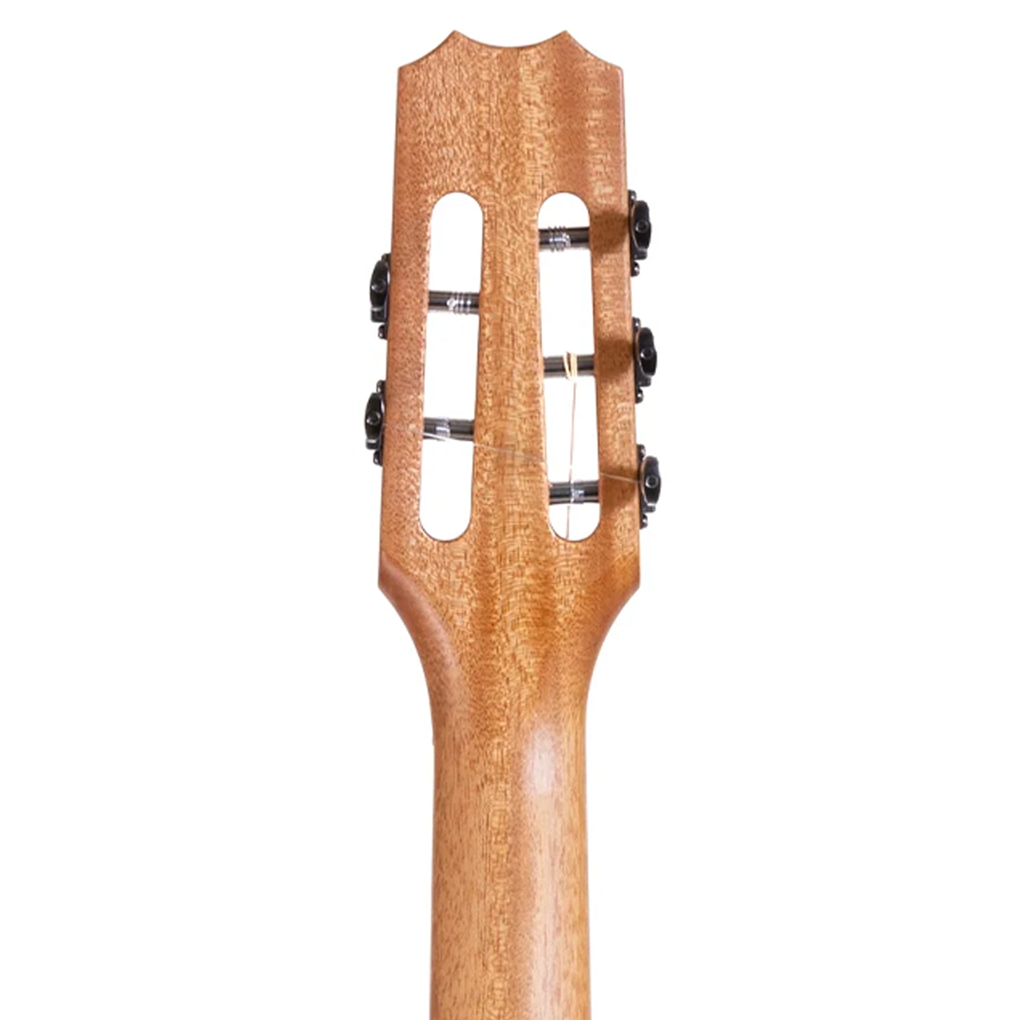 Close-up of the headstock of a wooden ukulele, showing the six tuning pegs and sound hole cutouts, on a solid white background.