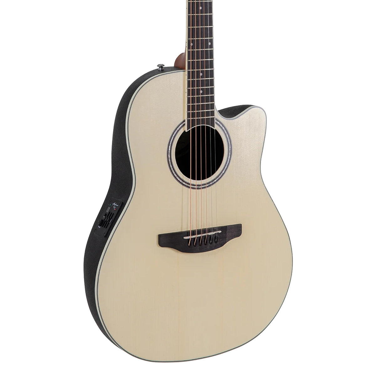 Body front of the Ovation Applause AB24-4S in Natural Satin: selected spruce top, soundhole, bridge and some fretboard