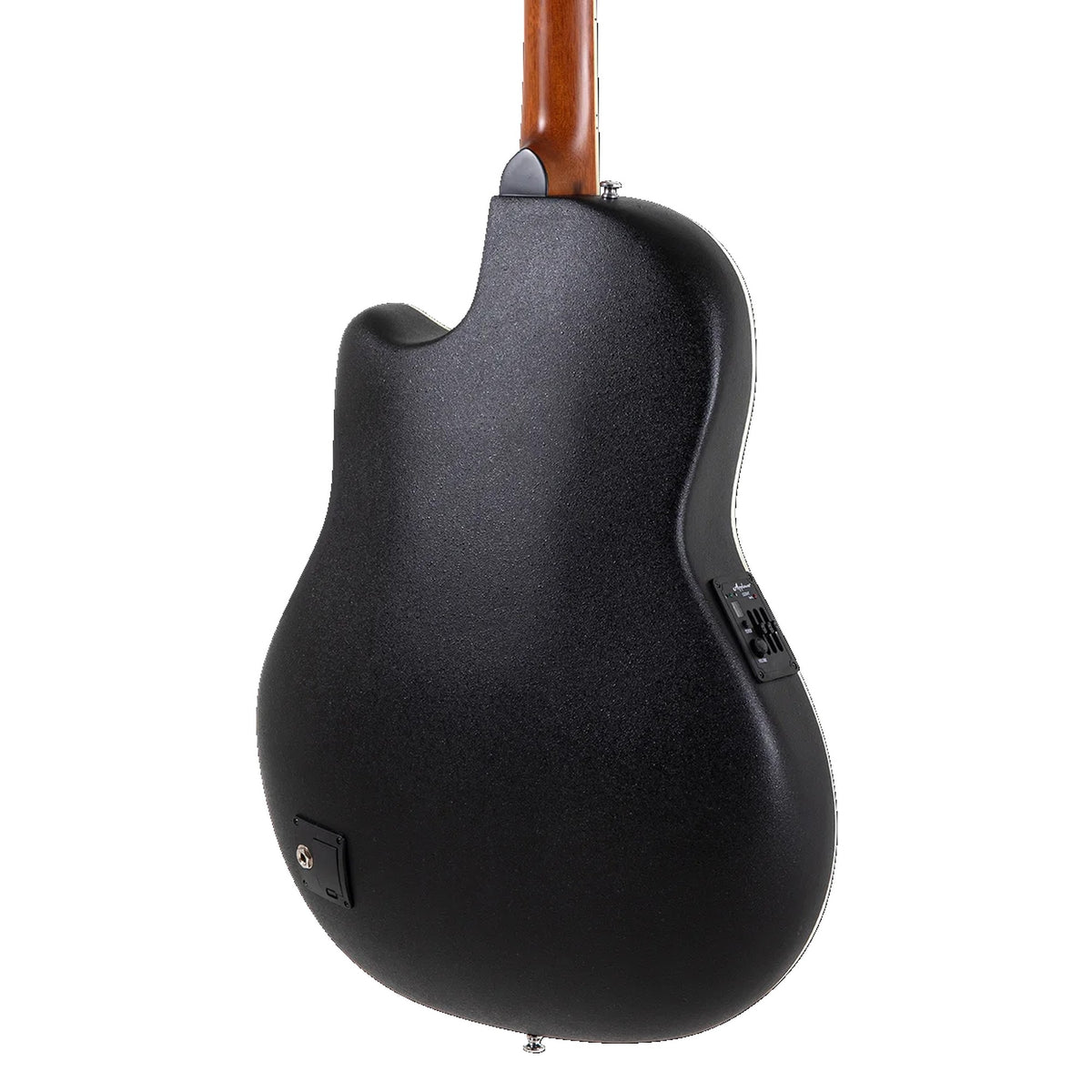 Body back of the Ovation Applause AB28-5S: black Lyrachord roundback bowl and the base of the neck