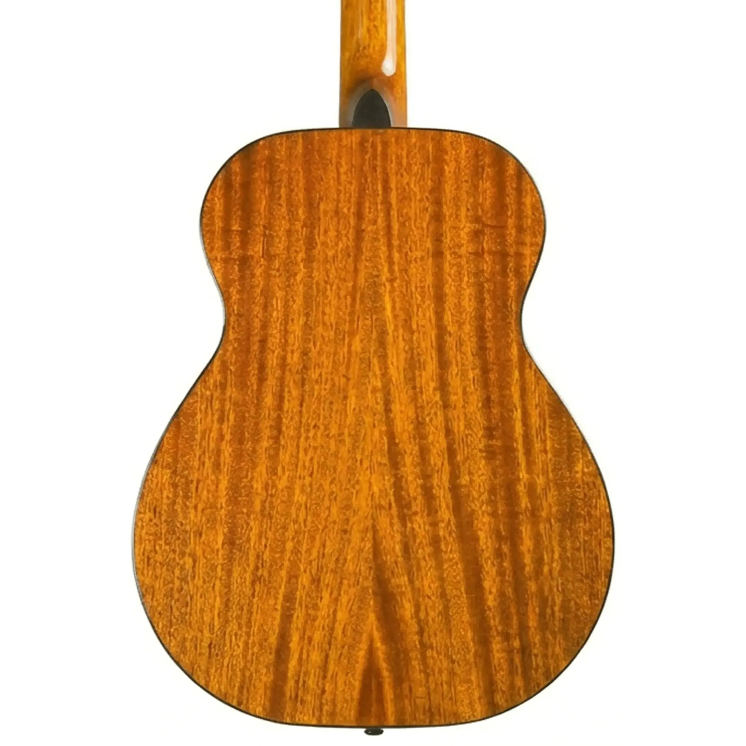 Back of a Baby Bristol BB-16 acoustic guitar, showing its mahogany wood grain.