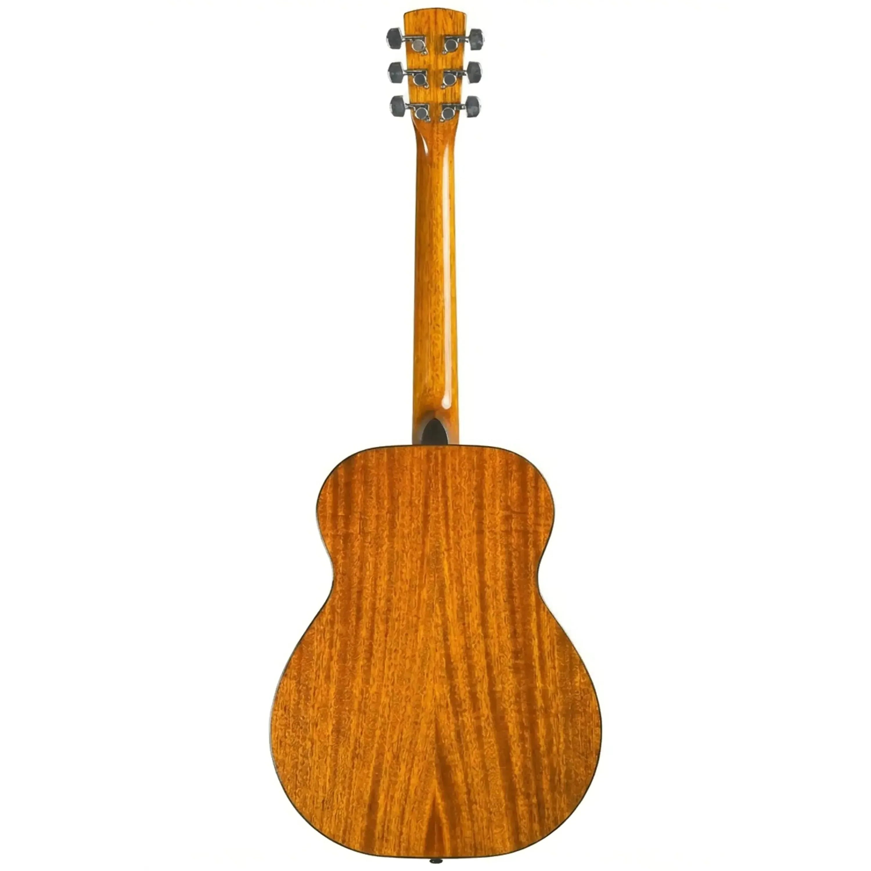 Back of a Baby Bristol BB-16 acoustic guitar, showing its mahogany wood grain and slim neck.