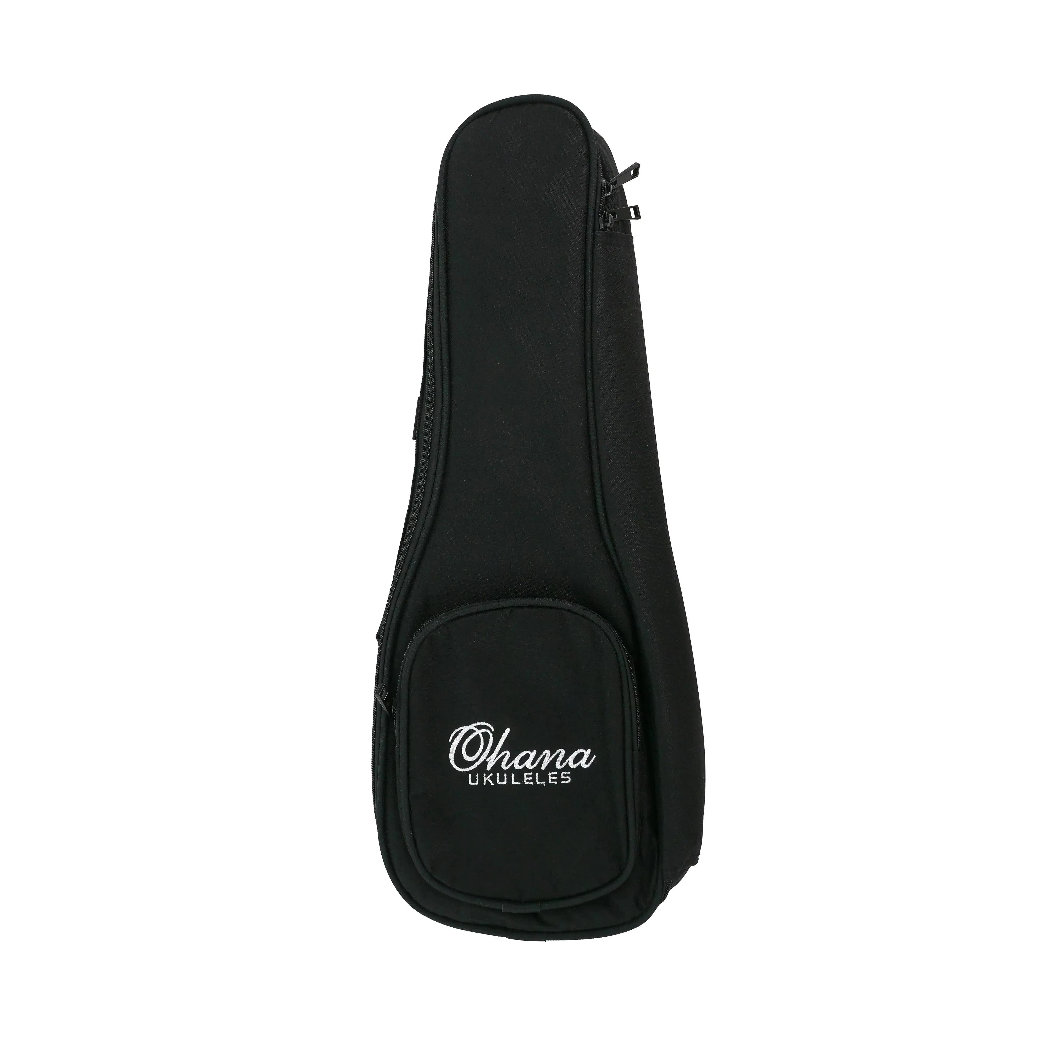 Black Ohana Concert Ukulele padded gigbag with white embroidered logo and zippered front pocket.