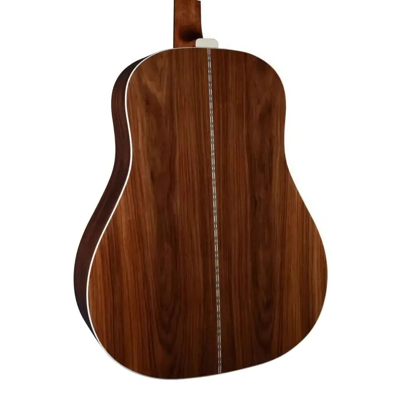 Blueridge BG-60E acoustic-electric dreadnought guitar back, dark Santos rosewood with white binding.