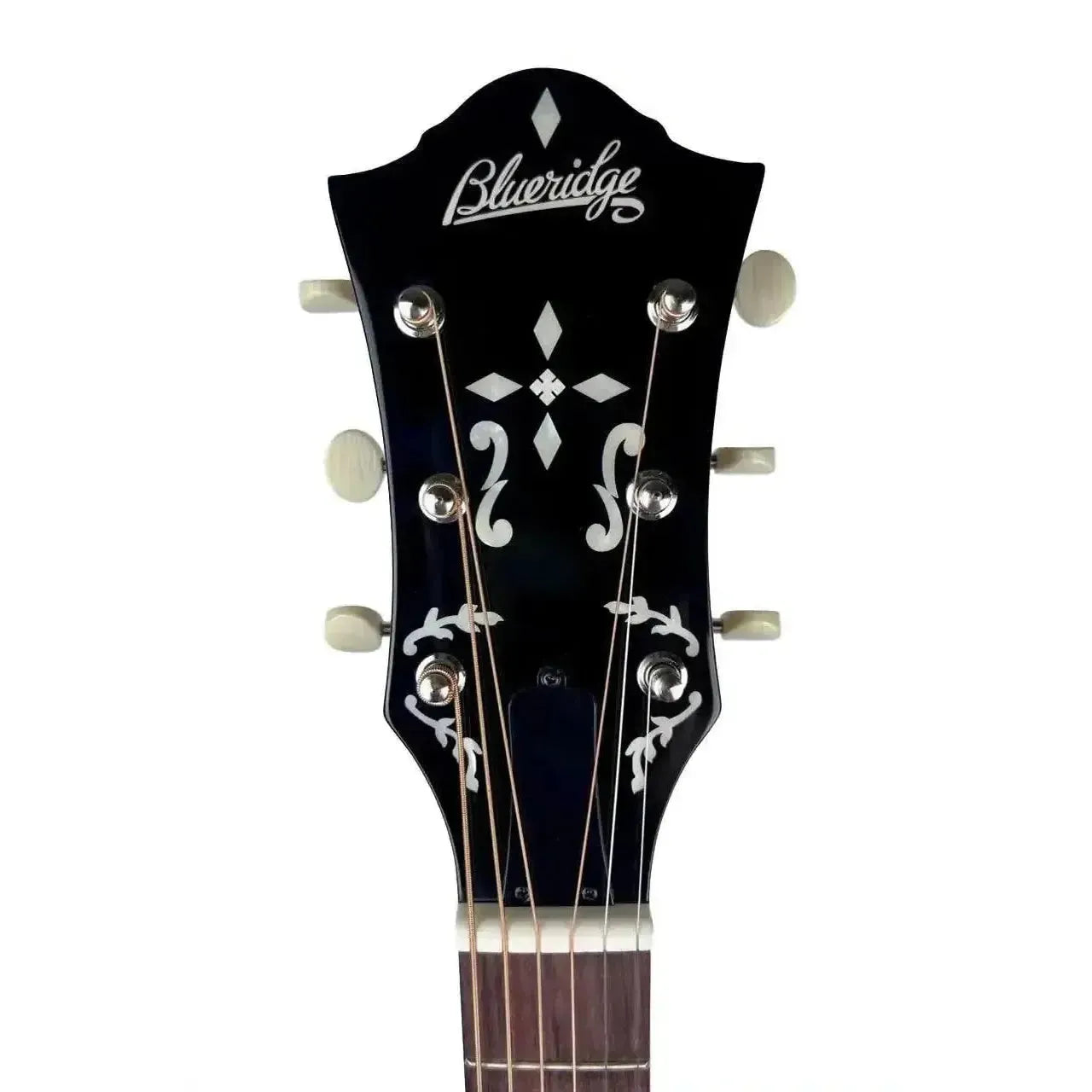 Blueridge BG-60E acoustic-electric dreadnought guitar headstock with black finish, white logo, and tuning pegs.