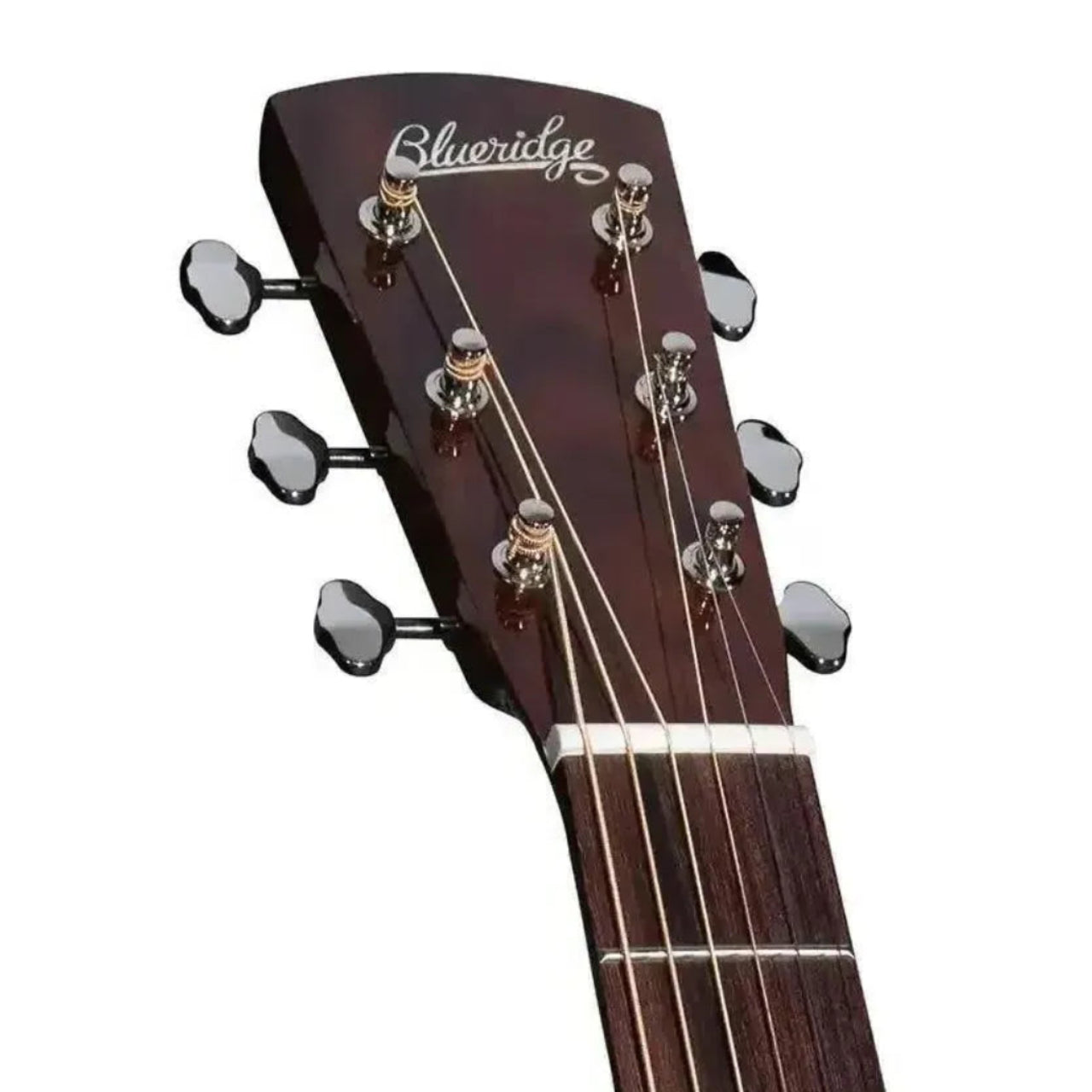 Blueridge BR-140AE dreadnought acoustic-electric guitar headstock with chrome tuners and logo.