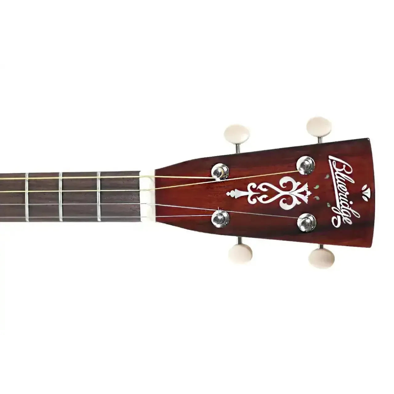 Blueridge BR-140MT Tenor Acoustic Guitar headstock with mahogany finish, mother-of-pearl inlay, and white tuning pegs.