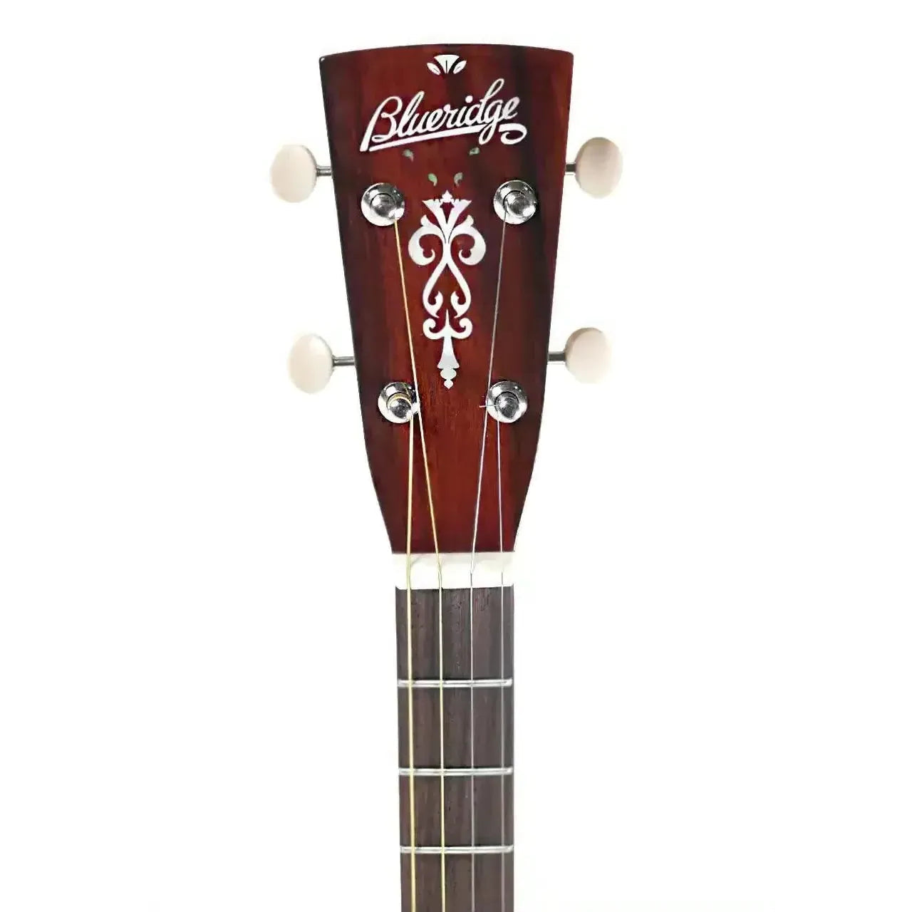 Blueridge BR-140MT Tenor Acoustic Guitar headstock with mahogany finish, mother-of-pearl inlay, and white tuning pegs.