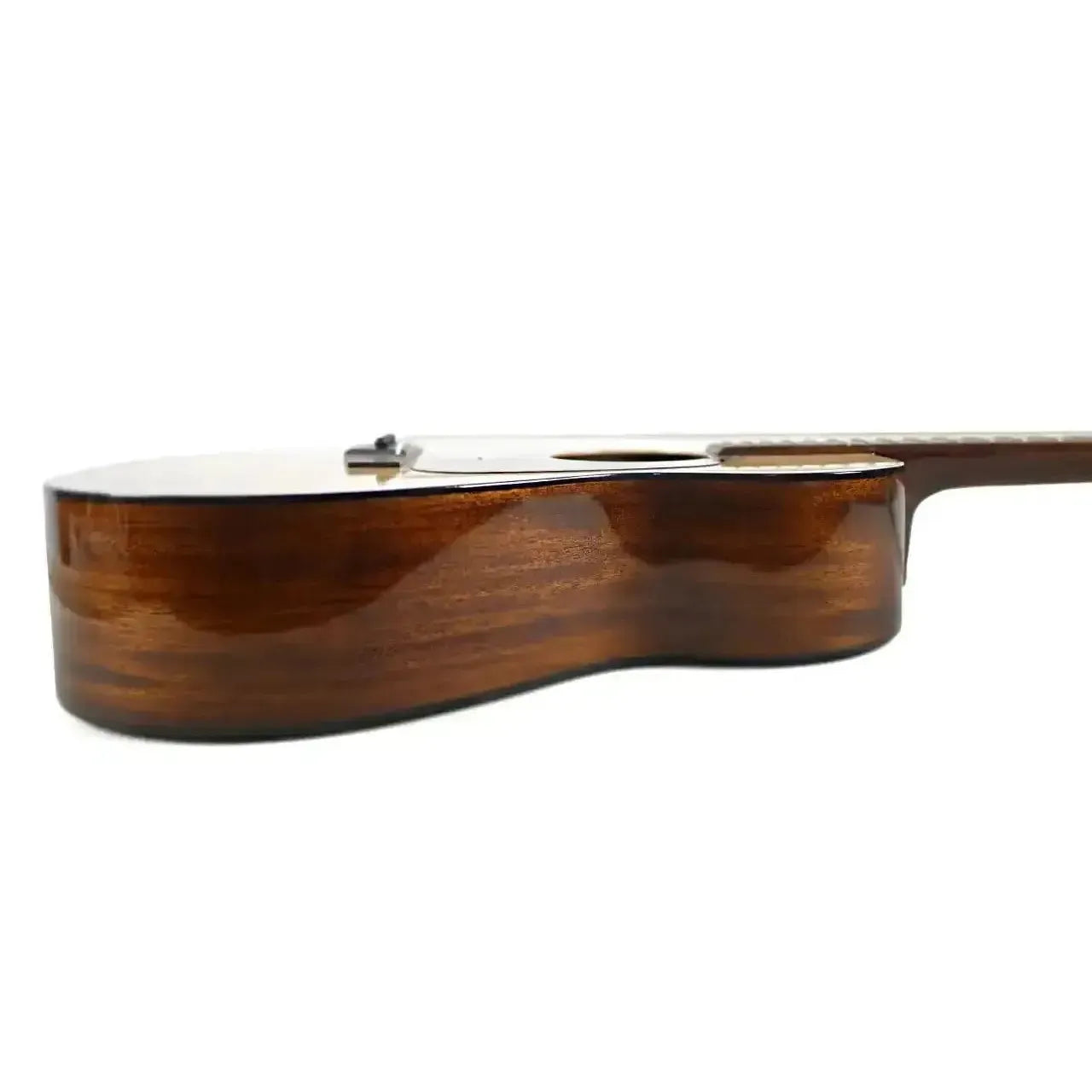 Blueridge BR-140T Tenor Acoustic Guitar side view, showing its high gloss mahogany body.