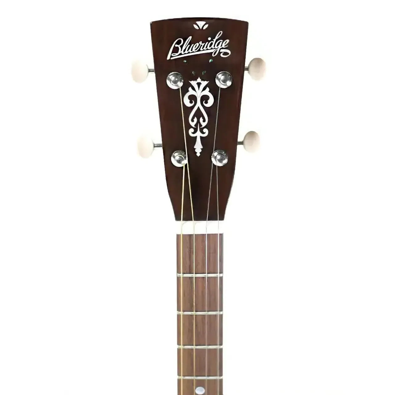 Blueridge BR-140T Tenor Acoustic Guitar headstock with white logo, ornate inlay, and nickel tuners.