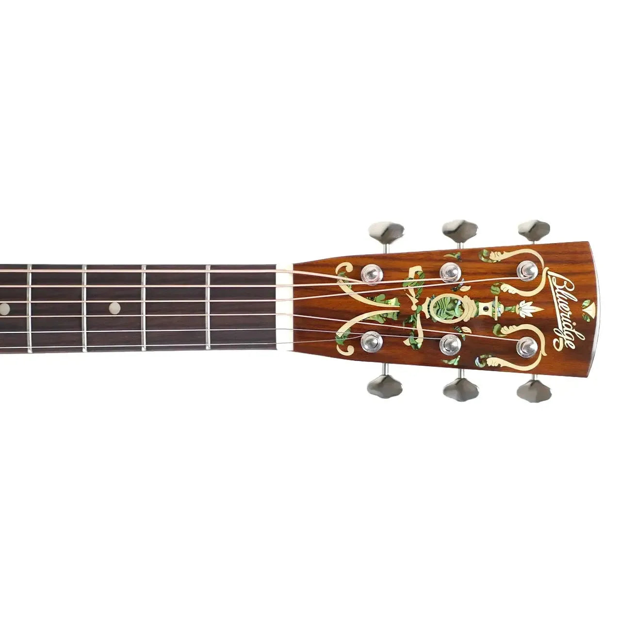 Blueridge BR-143 Historic Series 000 acoustic guitar headstock with ornate abalone and mother-of-pearl inlays.