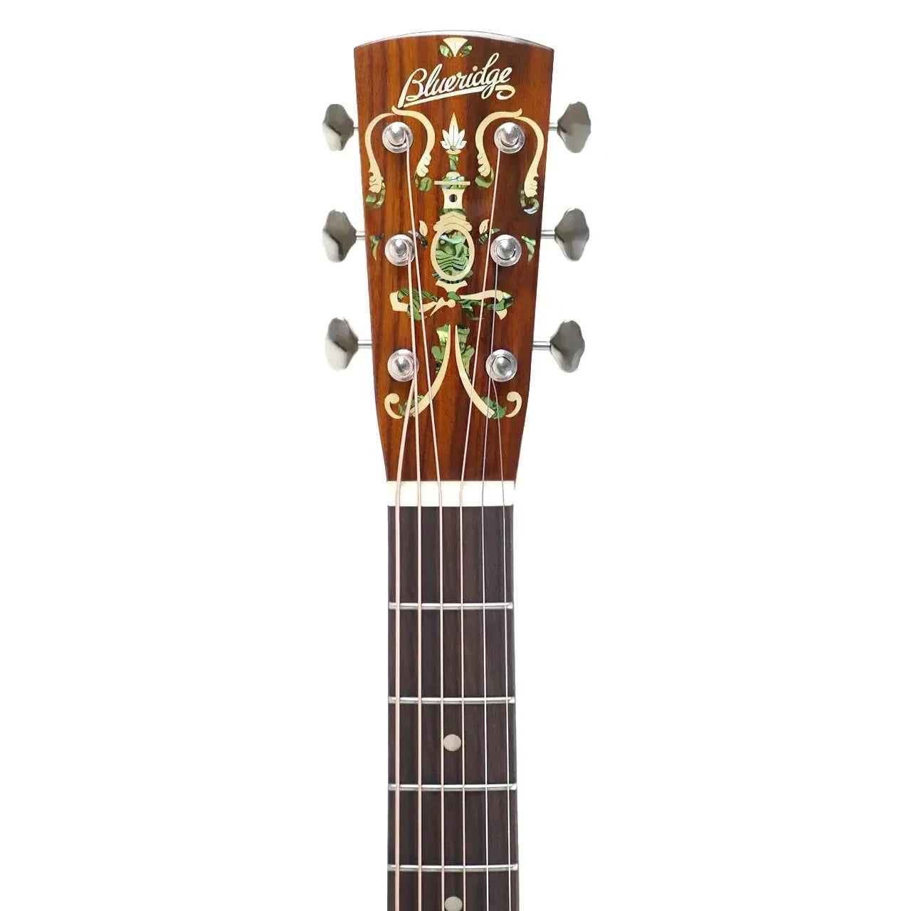 Blueridge BR-143 Historic Series 000 acoustic guitar headstock with ornate abalone and mother-of-pearl inlays.
