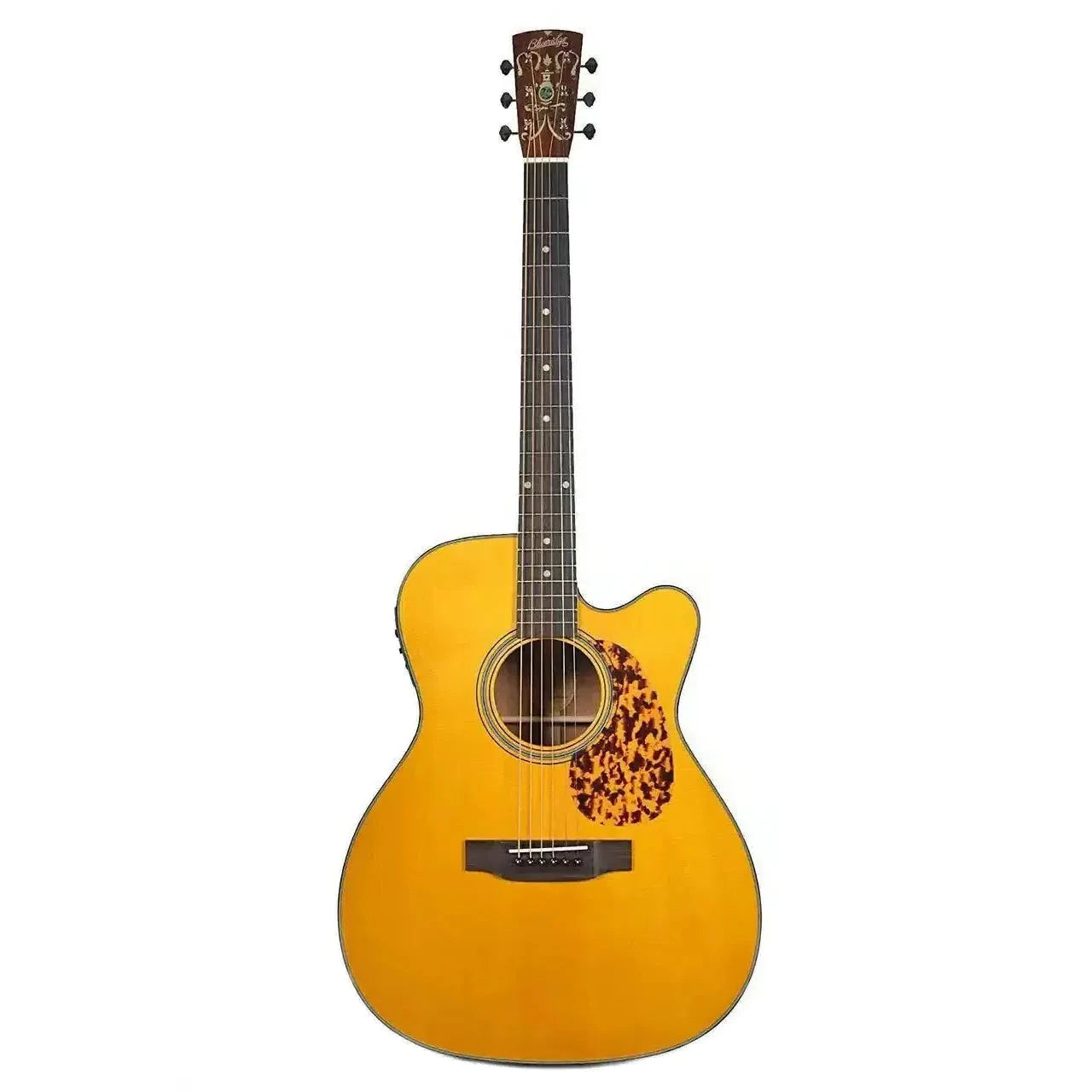 Blueridge BR-143CE 000 acoustic-electric guitar with a vintage sunburst finish, cutaway, and tortoise pickguard.